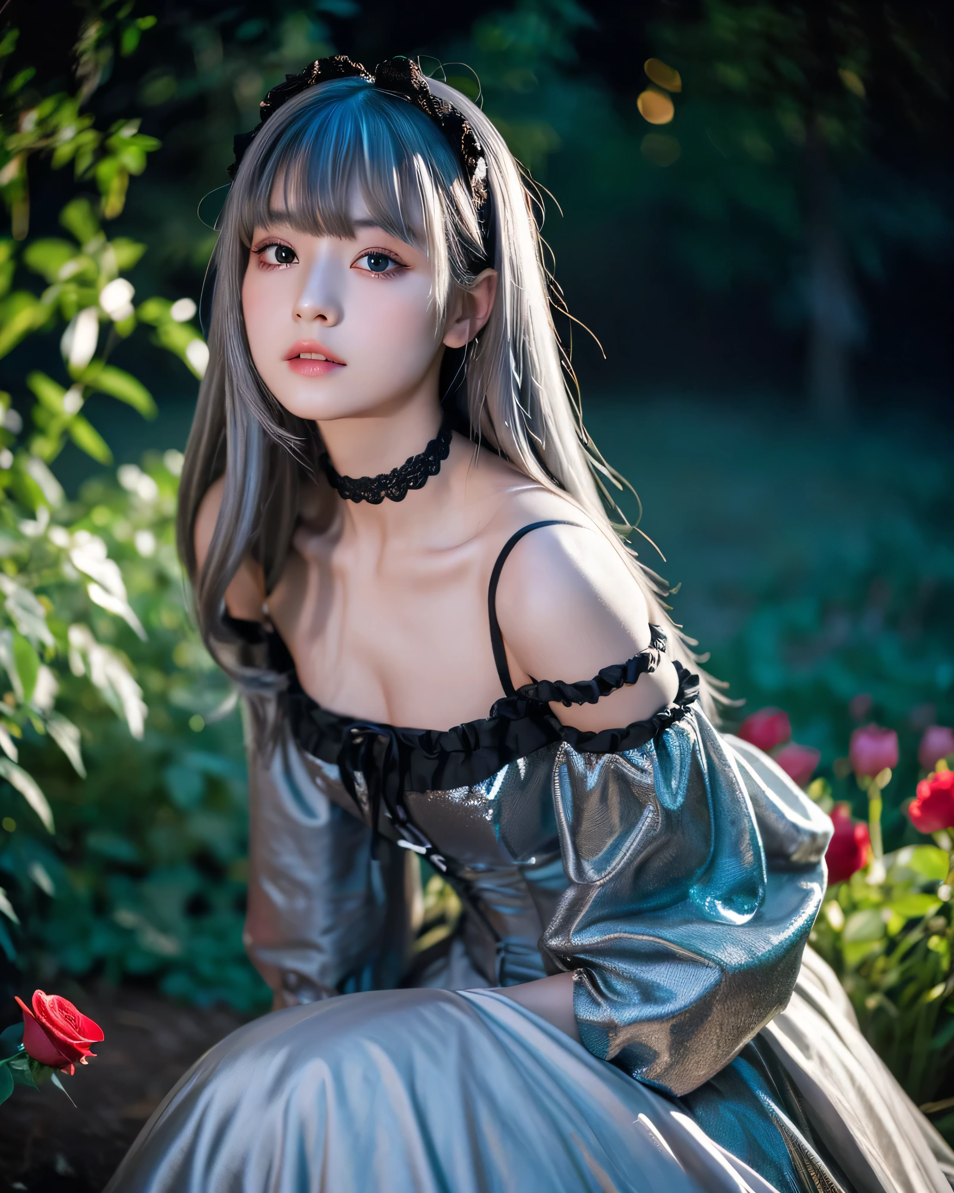 beautiful japanese girl, 16 years old, moonlit garden, lots of roses, High resolution, 4K, (shiny white hair:1.5), Super Long Straight Silk Hair, asymmetrical bangs, thin eyebrows, big magic eyes, Detailed red eyes, Smooth, white skin, bright makeup, 背景にmoonlightの花園, A fleeting expression, lolita portrait, victorian gothic lolita fashion, off shoulder, Detailed and perfect clavicle, High resolutionの美しい胸元,Black miniskirt dress, thighs thighs, black umbrella, lolita style, lolita fashion，beautiful girl necromancer, flowing gray hair，red eyes，white skin，Gothic Girl，gothic fantasy art, dark moody lighting，moonlight, light shines，Mysterious，professional lighting, professional photographer