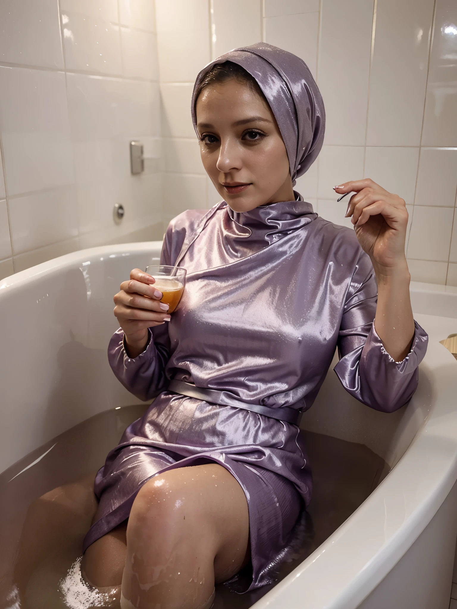 a middle-aged woman, (40 years old), plum, with a silver hijab, soaking in the bath, looks like she is wearing a long-sleeved satin dress, looks wet, woman taking a bubble bath, holding a glass