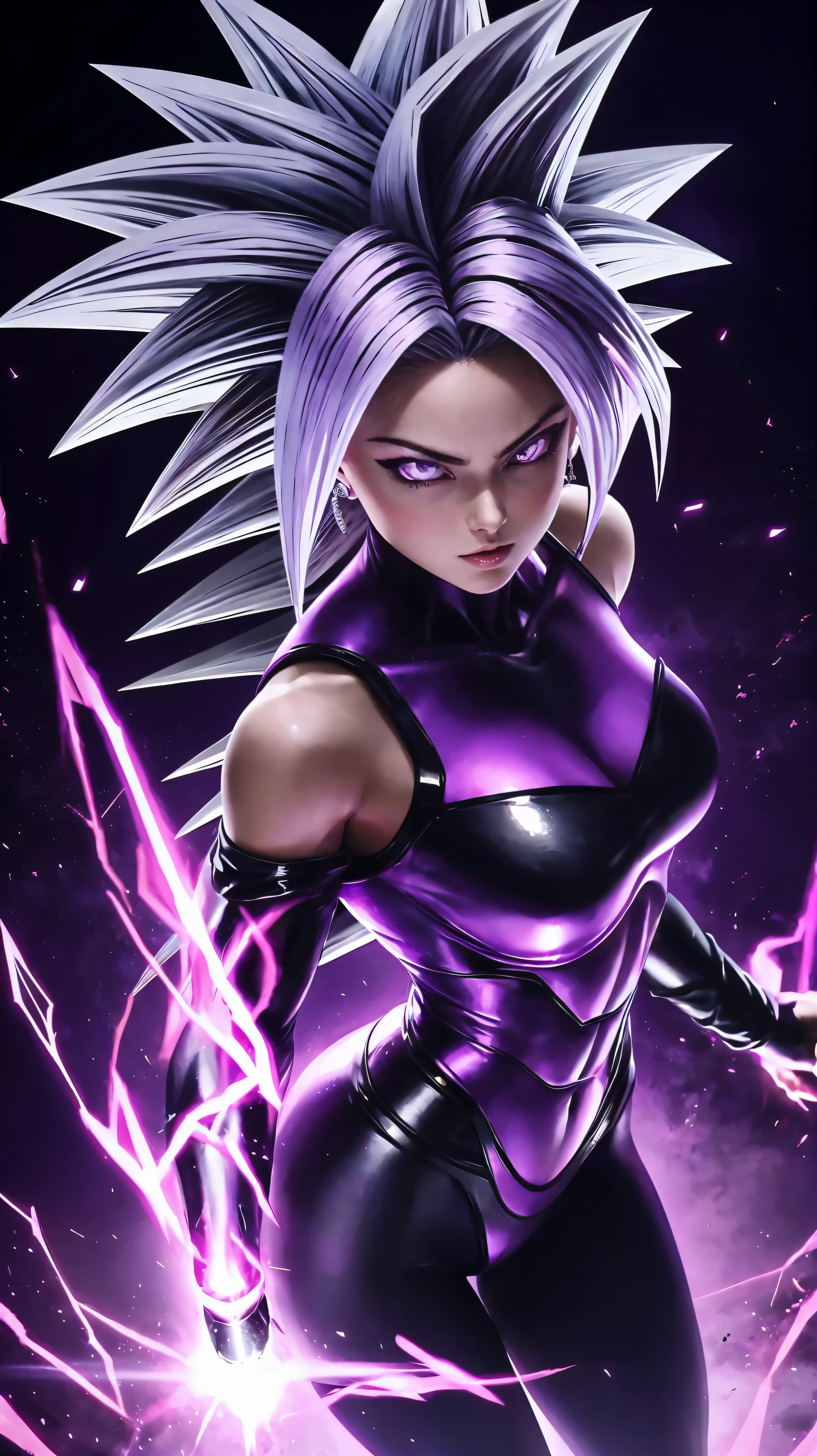 Uma barbie se transformando em um super saiyan escuro com cabelo roxo e olhos roxos brilhantes