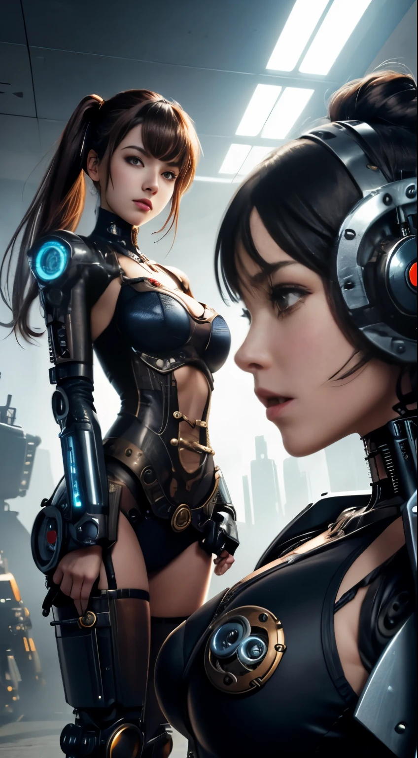 a cute steampunk cyborg girl vs a cute cybernetic futuristic cyborg girl fighting face to face