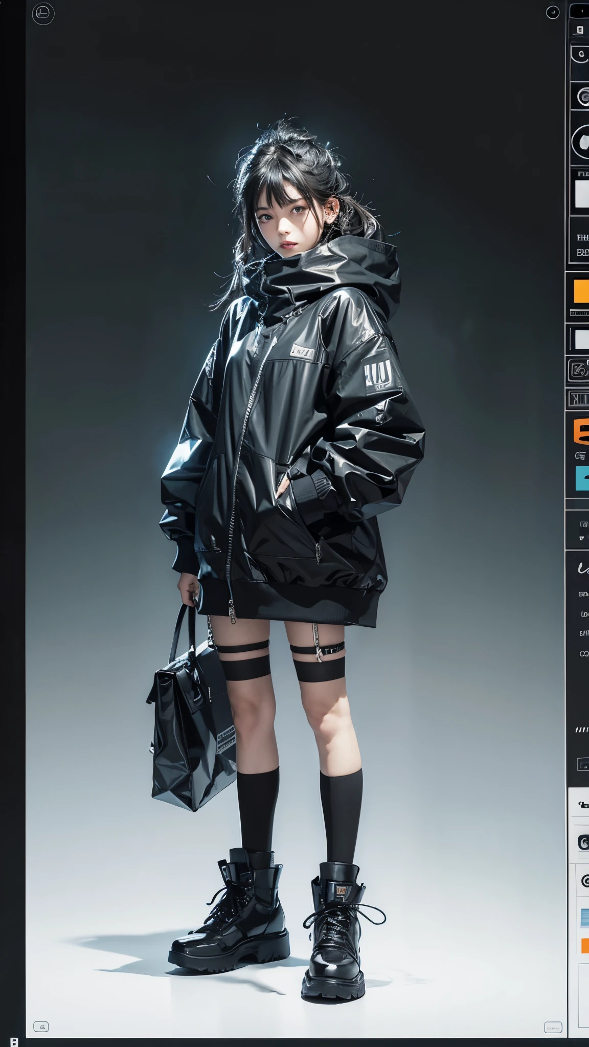 fashion brand collection, highly detailed, beautiful, masterpiece, best quality, Geometric style, abstract beauty,1 girl, (all body shot, standing and posing:1.3), dynamic pose, approaching perfection, digital painting, artstation, (concept art:1.3), illustration, white and black colors, Geometric patterns, abstract forms, Complex, surreal, BREAK latex, Glossy, Liquid, rubber, BREAK (casual fashion and Cyber taste fashion), (JET black theme:1.4), baggy and baggy wear, baggy body and sleeve, baggy knit A-line dress, Scattered geometry, Face mask, (long length muffler), BREAK (stripe theme:1.2), (striped Socks with zettai ryouiki), boots taste Sneaker, Artistic complicated background