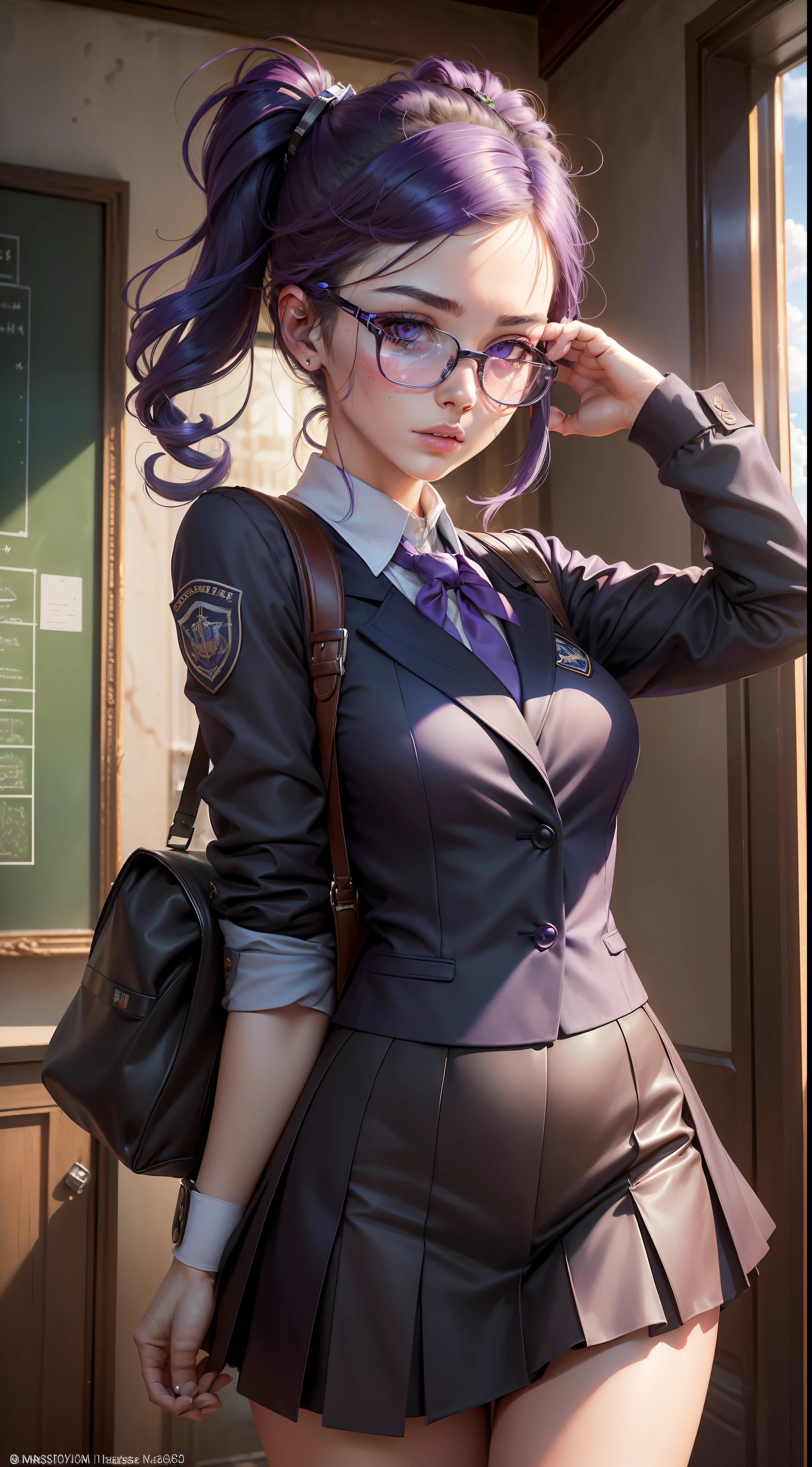 realistic,( photo-realistic), ultra hires, (masterpiece, top quality, best quality, official art, beautiful and aesthetic, raw photo:1.4),(high detailed skin:1.2), ultra realistic, 32k,
1girl, kafka, purple eyes, purple hair, eyewear on head, sunglasses, narrow waist, dynamic pose, dynamic angle,
(school uniform:1.2),