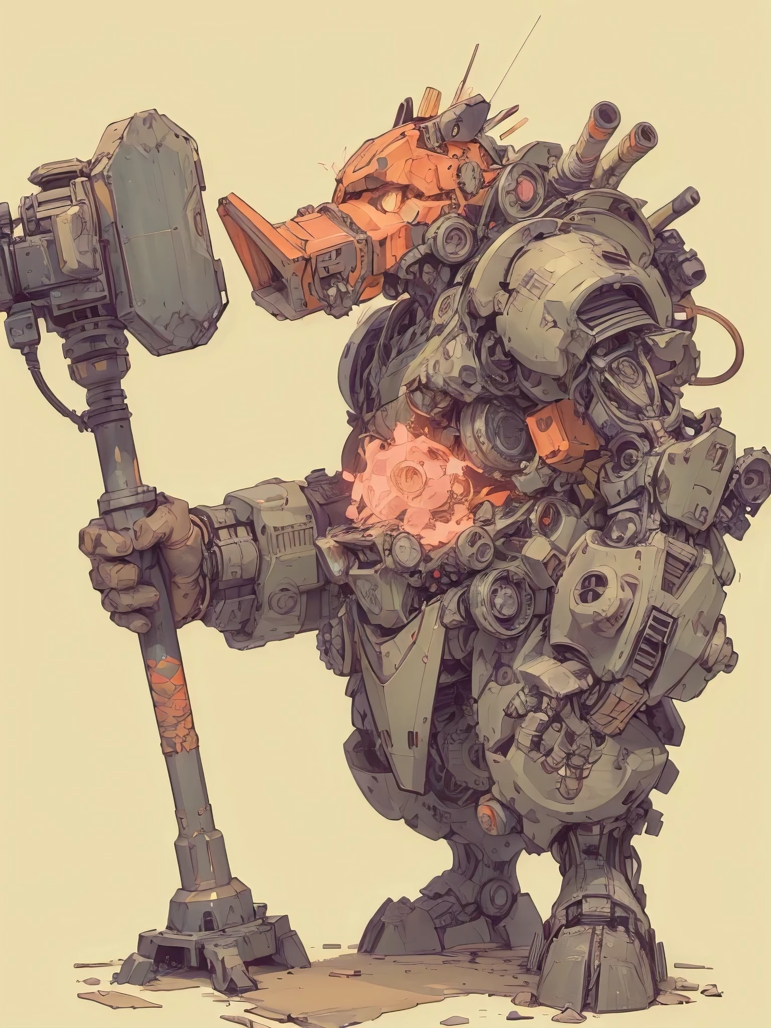 (highres,realistic,masterpiece:1.2),wondrous humanoid warthog techmechanic with a massive war hammer and a powerful mechanical arm, vibrant and detailed character, fierce determination, gritty sci-fi setting, sparks flying, molten metal pouring, intricate gears and mechanical parts, ingenious construction, imposing presence, the hammer glows with pulsating energy, sharp edges and metallic textures, vivid colors pop against a dark background, dynamic lighting showcases the character's detailed features, towering heights, intense focus and precision, masterfully illustrated by Skottie Young.