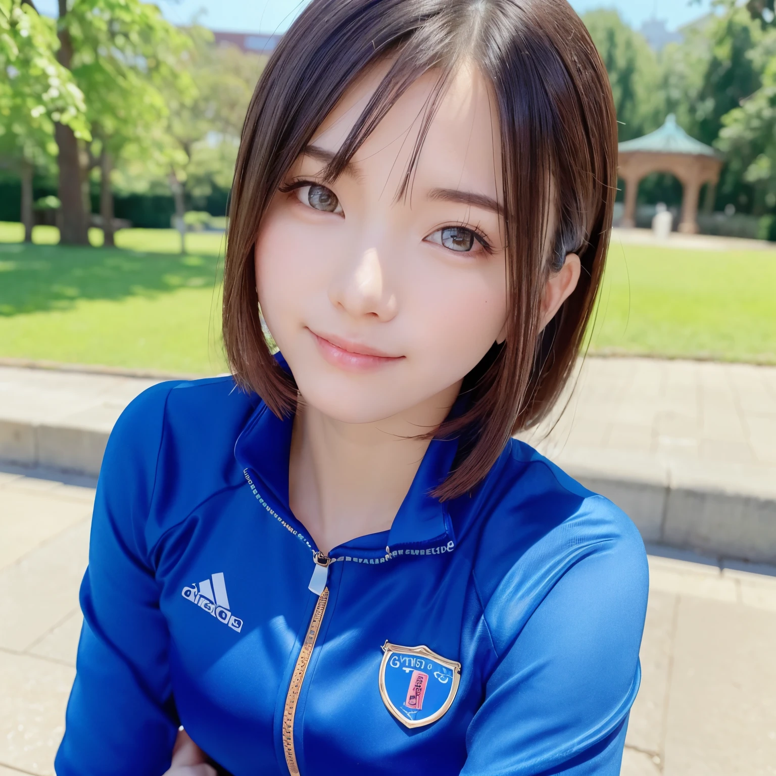 (highest quality、table top、8K、best image quality、Award-winning work)、one beautiful woman、Shining beautiful skin、(most stylish tracksuit:1.2)、(Opening the jersey zipper reveals a small cleavage:1.3)、(The most natural and perfect tracksuit:1.2)、Shining ultra-high definition skin、(accurate anatomy:1.2)、A gentle smile looking at me、(photo from the chest up:1.1)、(close up of face:1.05)、Standing gracefully、(Blurry park background:1.2)、portrait photography、(draw softly and smoothly:1.1)、(very bright and vivid:1.1)、very romantic、光を受けてShining beautiful skin、(very bright and refreshing:1.1)、(the most detailed and perfect face:1.1)、(most detailed glowing eyes:1.1)、(beautiful and moisturized skin:1.1)