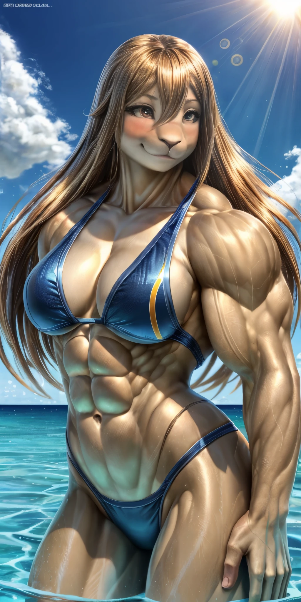 1 girl, blush, abs,, light smile,swimsuit, rays, shine,muscular,(muscular female) , (masterpiece), realistic,seal girl,long hair