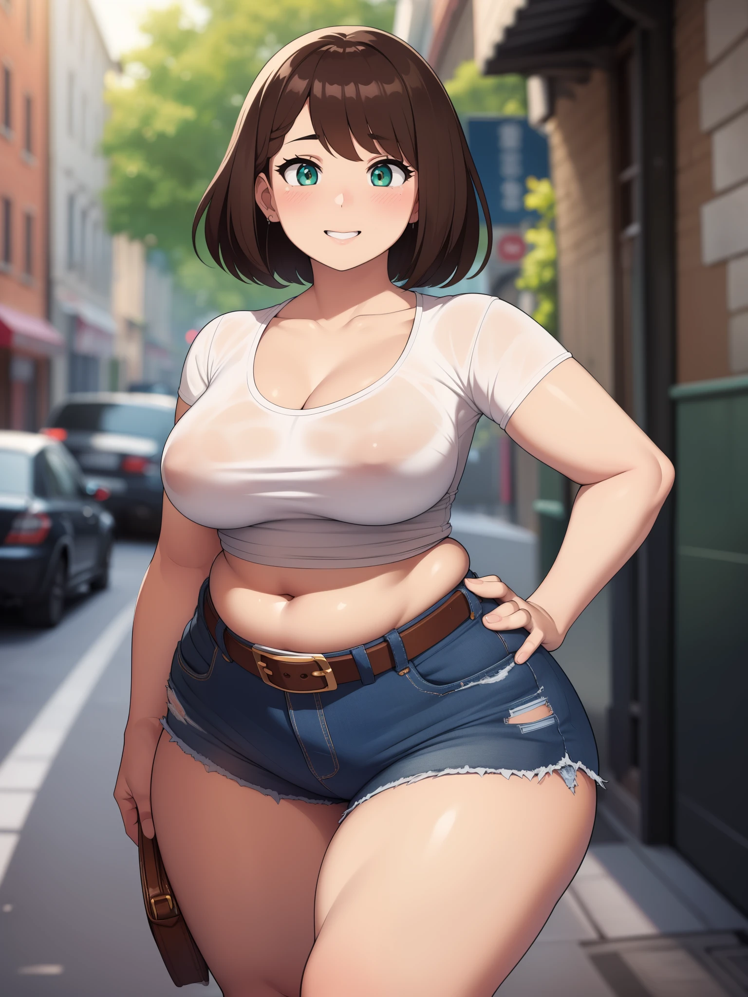 ((Masterpiece)), perfect anatomy, perfect shading, field of depth, (best quality), extremely delicate and beautiful, perfect lighting, detailed face, ultra cute face, cute, (cowboy shot 1.2), full body, (((1girl))), ((solo)), looking at viewer,

short hair, fluffy hair, brown hair, green eyes, ((blush)), affectionate smile, happy, (white T-shirt 1.5), (shorts 1.2), belt, extremely tight clothes, medium breasts, perky breasts, ((wide hips)), ((thick thighs)), (chubby) chubby belly,

street, intricate background, detailed background, hand on hip, waving,