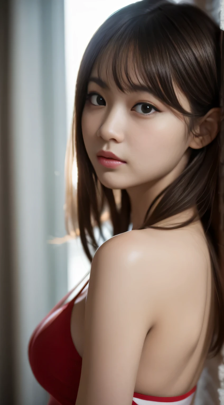 masterpiece、In 8K、RAW photo、（realistic:1.4）、high resolution mouth、eyes are high definition、shiny skin、Big eyes、round face,double eyes、puffy eyes、medium ????? women、half open mouth、provocative look、one woman、25 years old, self snap、Bold and ??????? pose、put your hands behind your head、Upper body、woman wearing glasses、film grain、movie light、expressive: calm expression,gentle smile, soft eyes,Plump,Okame'hairstyle: Natural long hair stands out: Posture dressed in soft brown clothes: Break girl standing quietly,alone、University Indoor