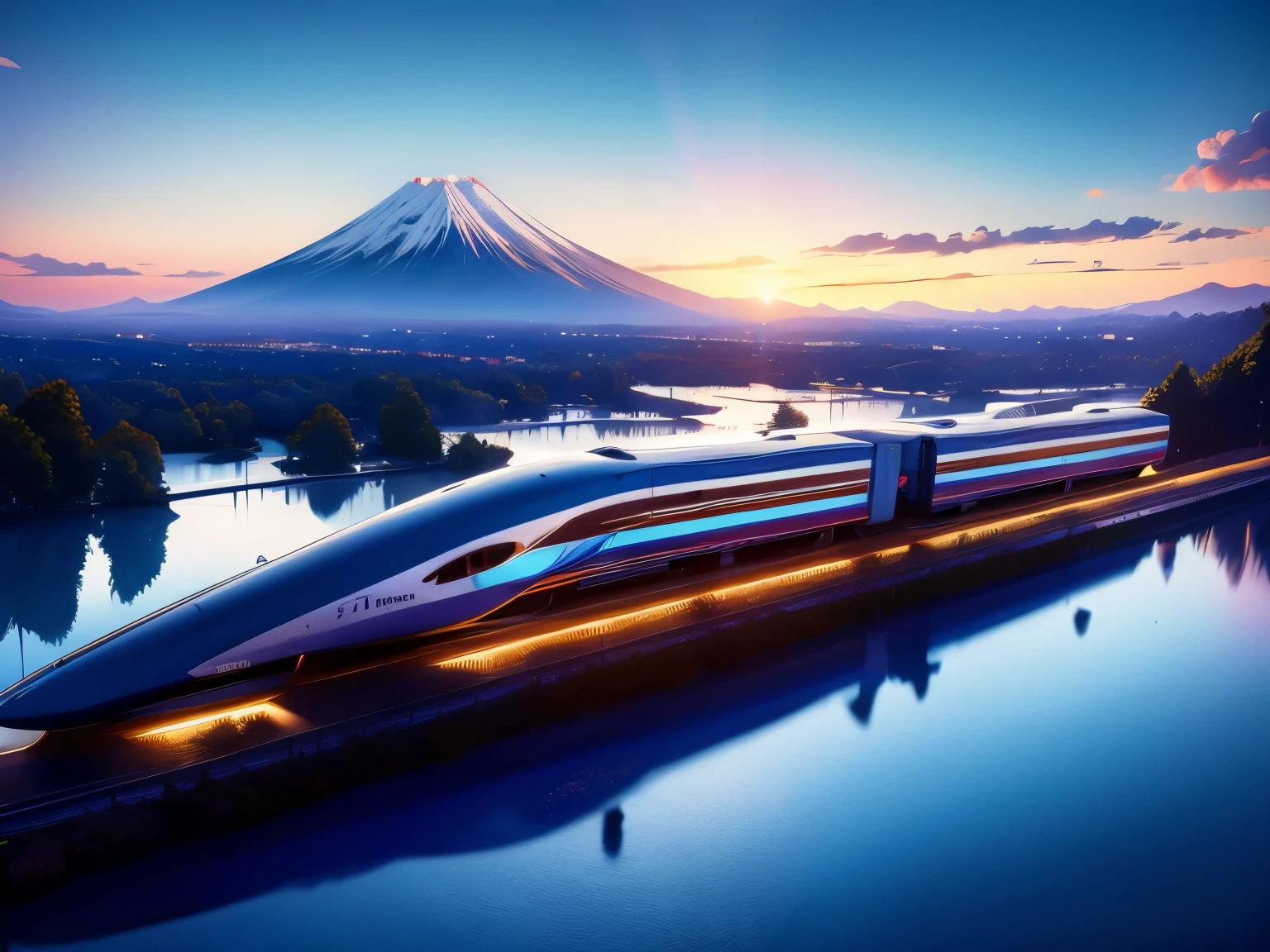 Fuji Mountainを背景にしたの水上の新幹線の絵,Approaching while curving to the left,accurate depiction,dawn,Snake pattern Shinkansen,sunrise,sunrise,Fuji Mountainの前に湖,Futuristic city far away,Fuji Mountain,high tech,beautiful,Majestic,real,Japan,Shinkansen Hayabusa,maglev,Photographed from above,train,railway,高速train,dawn,neon