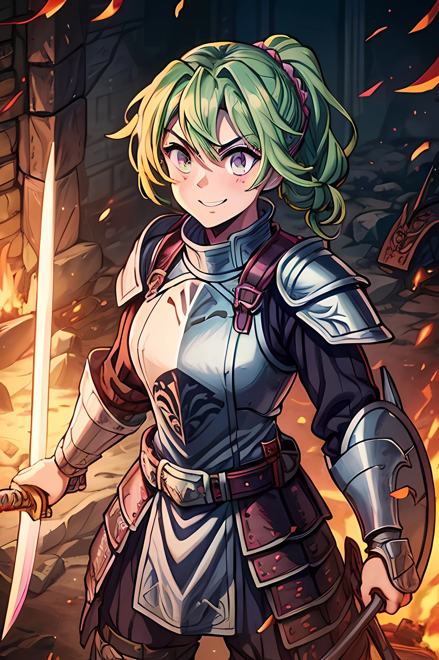 chatting, smiling in camera, fierce look, lillac eyes, light purple eyes, light green hair, pink plate armor, lillac eyes, heavy fighterposing with a crusader shield and sword, female，The ponytail is fluttering and messy，Heroic, full body shot，The face is clear and accurate, super-fine，16K resolution，high qulity，电影灯光，High picture detail，dynamic viewing angle, epic shooting，oc rendered, full plate armour, realistic warrior, man chest, no skin, no exposed skin, male chest, flat chest, powerful knight, medieval fantasy, strong and muscular, detailed armor crafting, intimidating presence, sturdy gauntlets, reinforced breastplate, chainmail underlay, realistic metal texture, battle-worn, authentic medieval design, leather straps and buckles, historical accuracy, knight's coat of arms, sword and shield, fierce warrior, heroic pose, high-res masterpiece:1.2, ultra-detailed, HDR, vivid colors, sharp focus