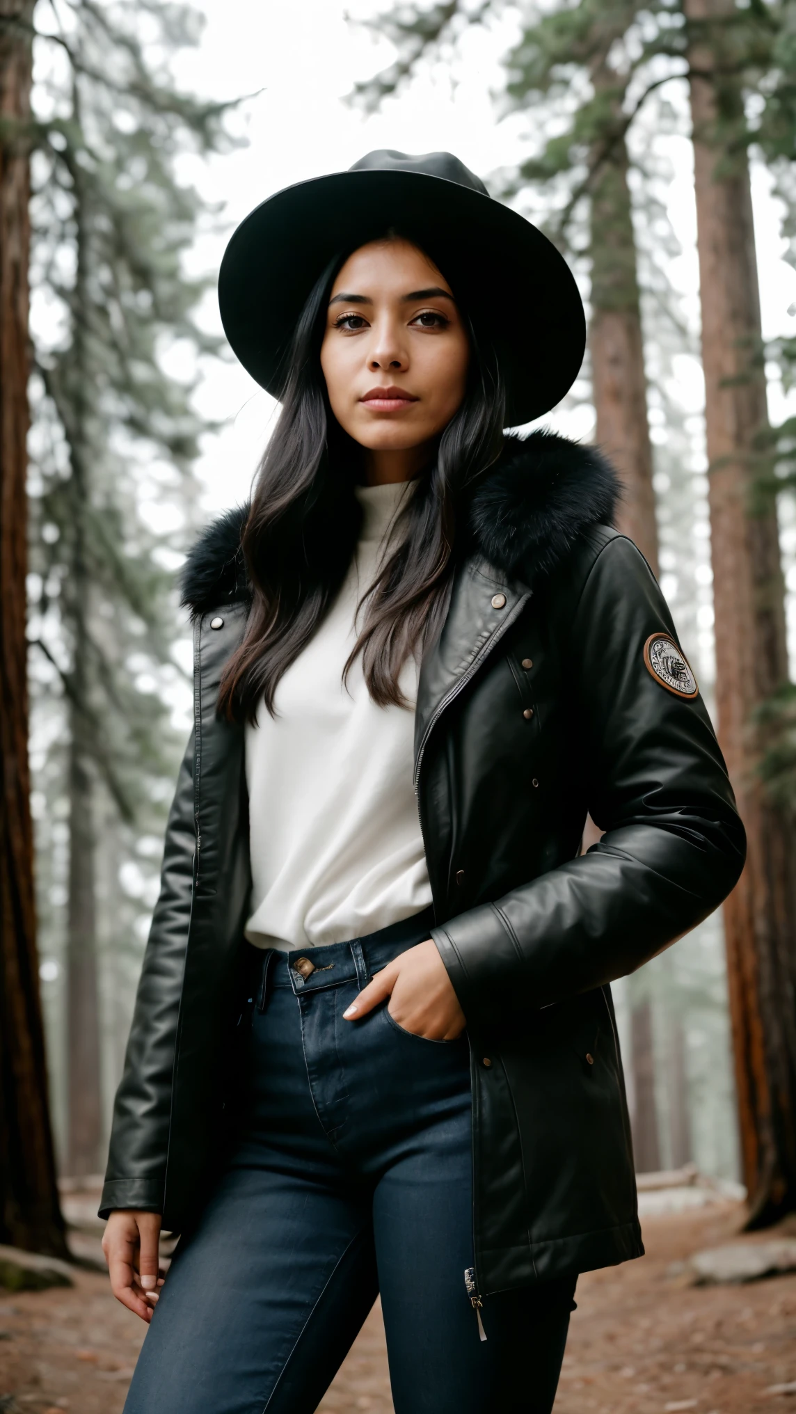 photograph of a woman, (sympathetic expression on his face), Ultra textured leather, goosebumps, jet black hair half up and half down, faux fur lined parka with skinny jeans and hat, Group profile, tall ancient redwood trees, creating a feeling of wonder and awe, Perfect eyes, ((hard lighting:1.4)), Velvia 100 color, shot on CineStill 800T, hips, sharp focus on the subject, photographed by Manuela Marquez