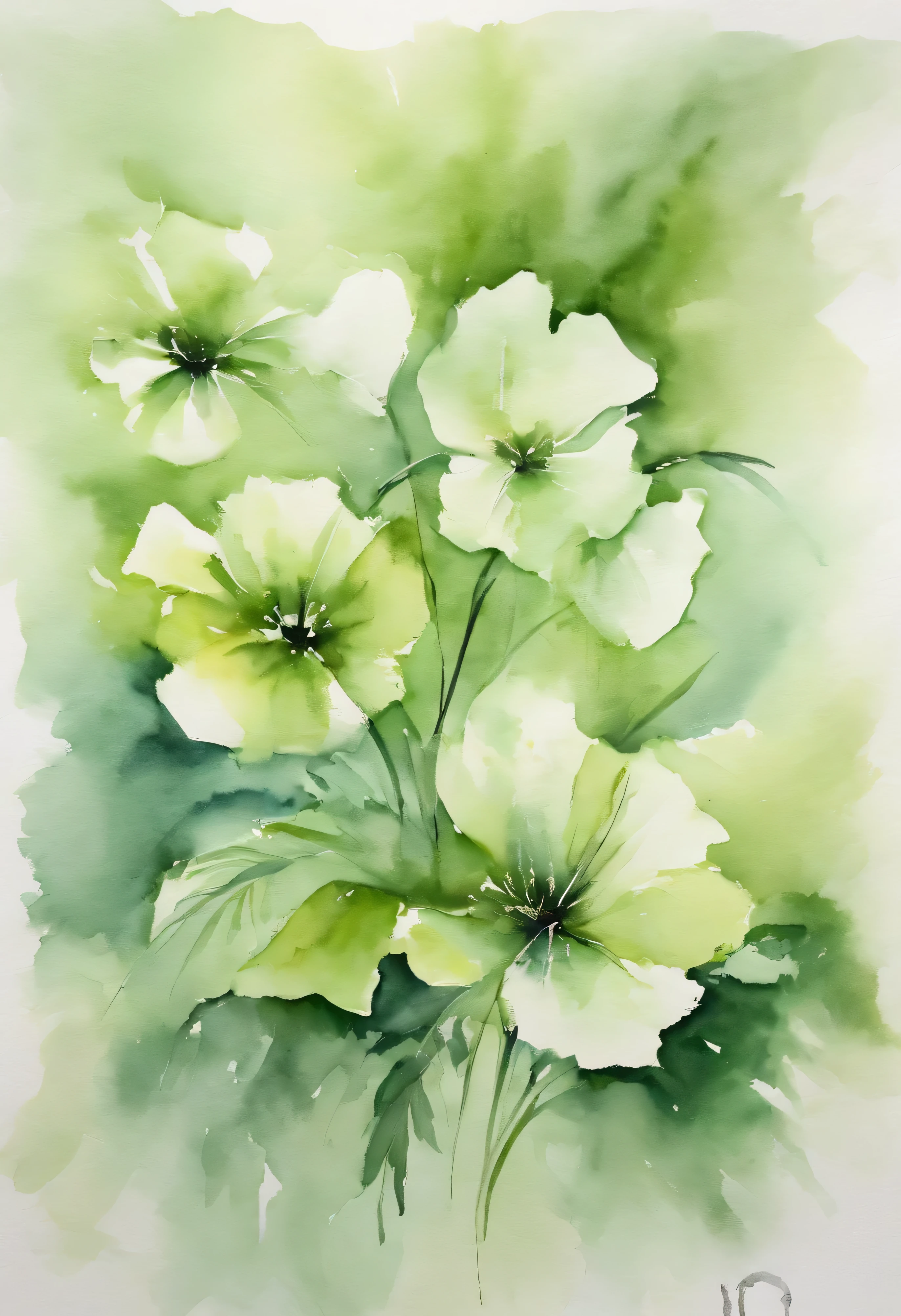 A mesmerizing 100% reverse watercolor painting showcasing Flowers, infused with Mary Cassatt's tender strokes, This image depicts an artistic composition resembling leaves or flowers in shades of light green and green . The overlapping shapes create a sense of depth and texture. There is no specific form or character; the image is open to interpretation. The soft colors blend seamlessly, evoking a calm and tranquil feeling. 🌸💜
