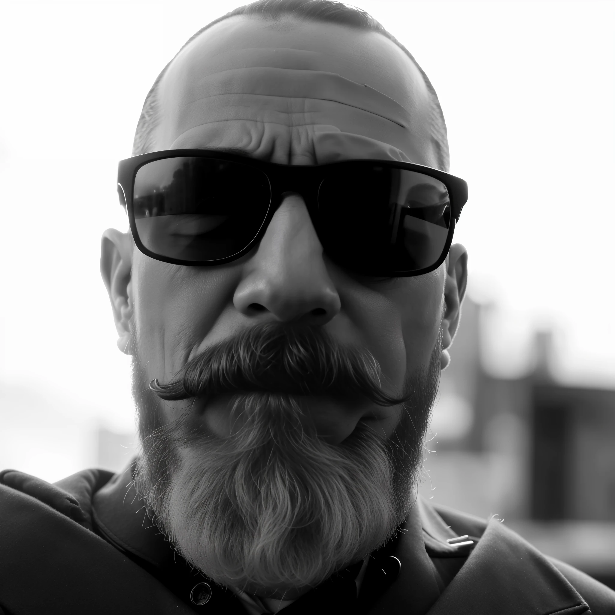 arafed man with a beard and sunglasses looking at the camera, man in his 40s, photo of a 50-year-old white man, jony ives, uploaded, chris scalf, grey trimmed beard, a man in a suit and tie standing in a street, peaky blinders, costumes from peaky blinders, peaky blinders (2018), peaky blinders gang, inspired by Max Magnus Norman, tom hardy as henry dorsett case, black and white portrait, small dark grey beard, mark verhaagen,3D profile image