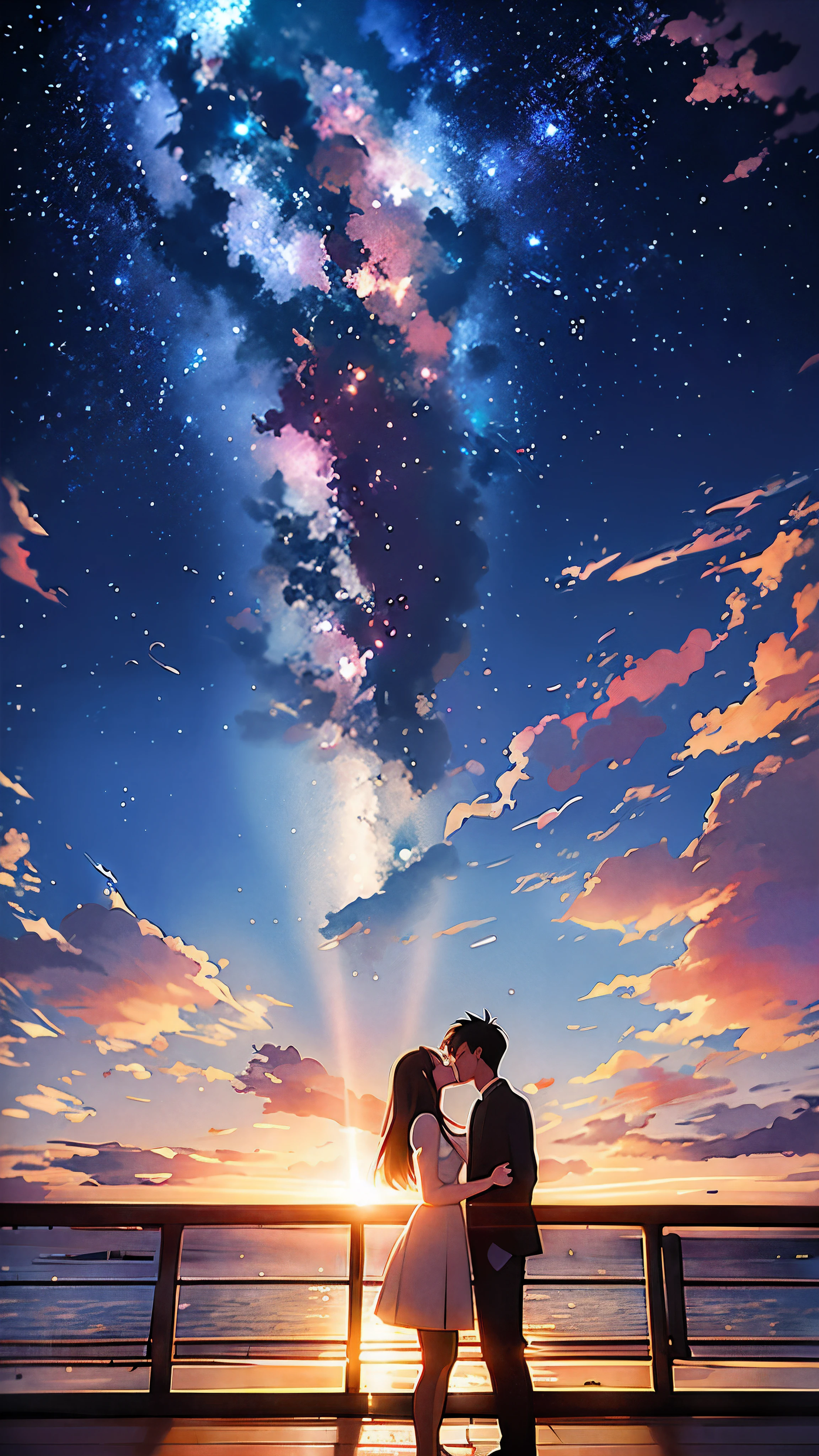 anime couple kissing under the stars in the sky, cosmic skies. by makoto shinkai, ( ( makoto shinkai ) ), anime sky, your name, guweiz and makoto shinkai, makoto shinkai cyril rolando, anime movie background, makoto shinkai. —h 2160, kimi no na wa