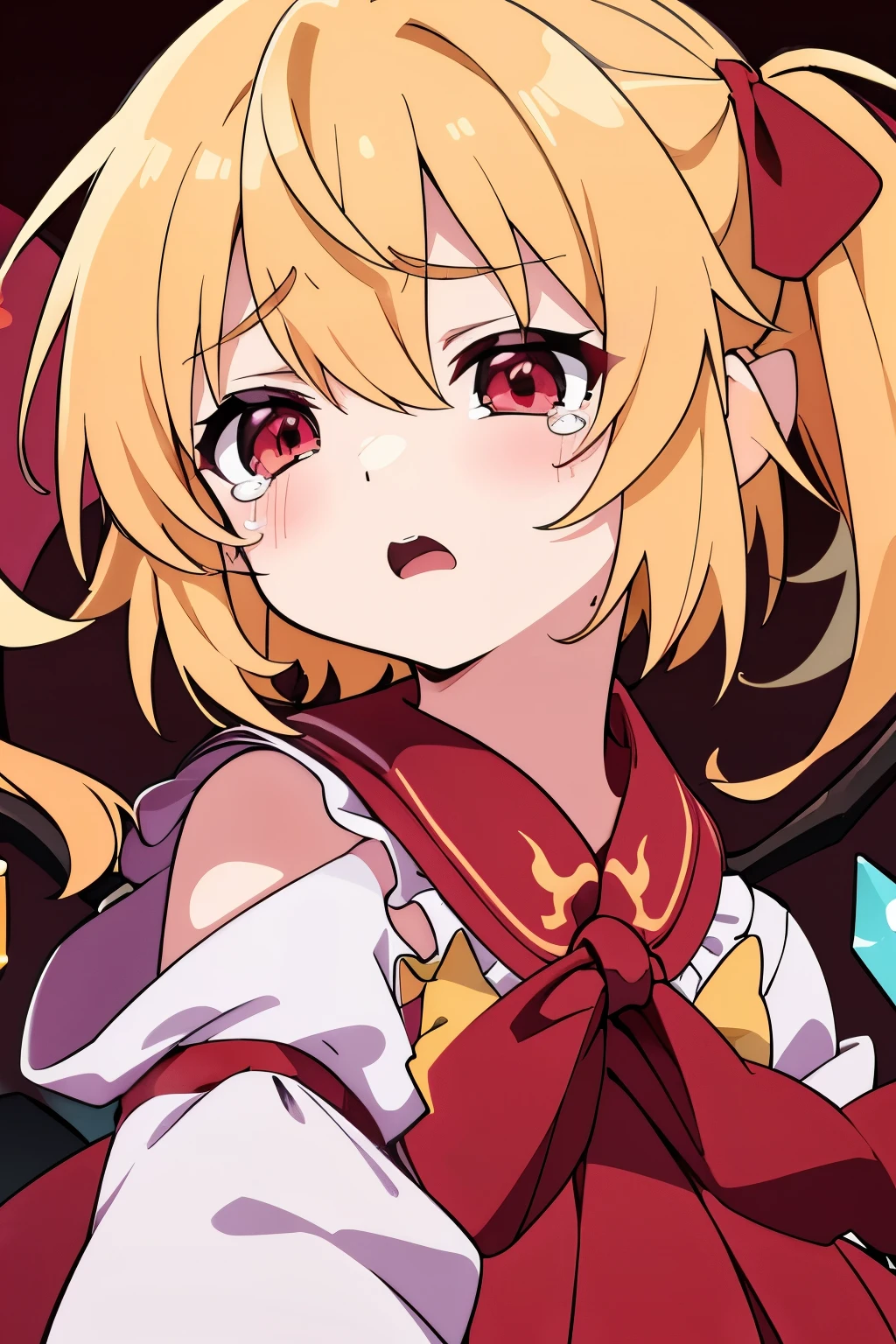 anime style、masterpiece、highest quality、one girl、solo、(eye highlights)、(Flandre Scarlet)、scared look、open your mouth、tears、simple background