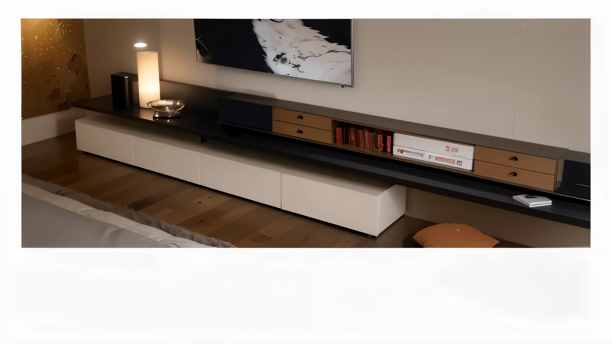There is a photo of the living room,Equipped with TV and candles, high-definition, High quality pictures, extreme quality masterpiece, Award-winning masterpiece, 2 0 1 9, 2019, furniture concept photo!!, Low details and clean lines, detailed picture, Superb detail 8K, placed in a large living room, Focus on the table, Wonderful details