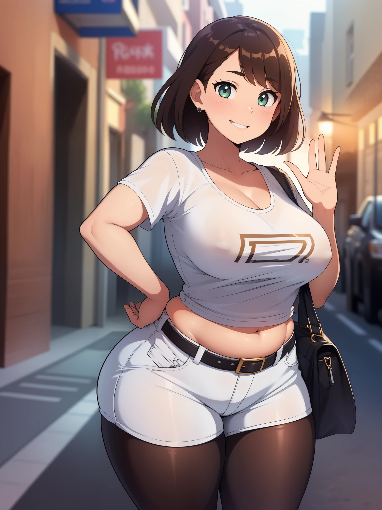 ((Masterpiece)), perfect anatomy, perfect shading, field of depth, (best quality), extremely delicate and beautiful, perfect lighting, detailed face, ultra cute face, cute, (cowboy shot 1.2), full body, (((1girl))), ((solo)), looking at viewer,
short hair, fluffy hair, brown hair, green eyes, ((blush)), affectionate smile, happy, (white T-shirt 1.5), (shorts 1.2), belt, extremely tight clothes, medium breasts, perky breasts, ((wide hips)), ((thick thighs)), (chubby) chubby belly,
street, intricate background, detailed background, hand on hip, waving,