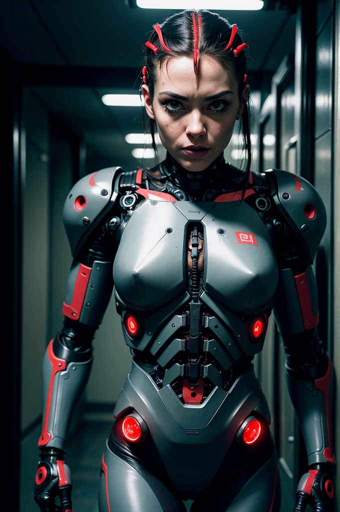 one woman, Brutal woman, cyborg, mechanical body, mechanical implants on the face, mechanical arms and legs, mechanical spine, robot, stern face, cybernetic face, red eyes, horror, fear, horror, in a dark corridor, cyberpunk style, night,  dark atmosphere, debris everywhere, eye contact, looking at viewer, masterpiece, best quality, perfect detail, perfect face detail, perfect eye detail, perfect skin detail, depth of field, perfect lighting