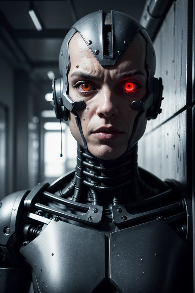 one woman, Brutal woman, cyborg, mechanical body, mechanical implants on the face, mechanical arms and legs, mechanical spine, robot, stern face, cybernetic face, red eyes, horror, fear, horror, in a dark corridor, cyberpunk style, night,  dark atmosphere, debris everywhere, eye contact, looking at viewer, masterpiece, best quality, perfect detail, perfect face detail, perfect eye detail, perfect skin detail, depth of field, perfect lighting