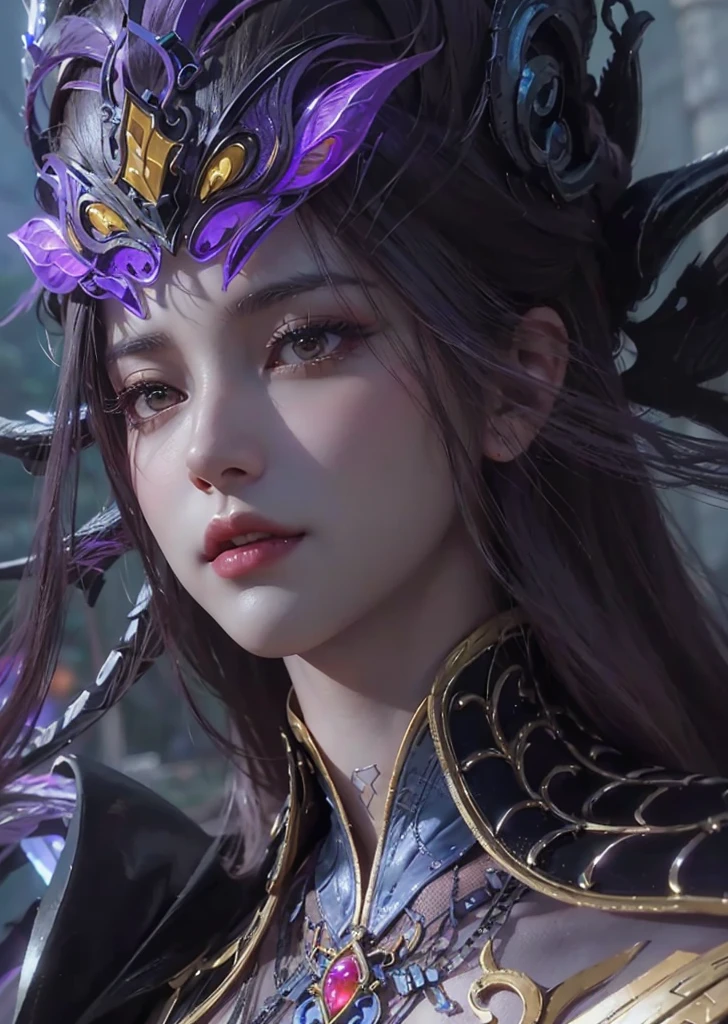 a close up of a woman with a purple and black costume, shadowbringers cinematic, 4 k detail fantasy, a beautiful fantasy empress, game cg, xianxia fantasy, xianxia hero, 2. 5 d cgi anime fantasy artwork, cinematic goddess close shot, ruan jia and artgerm, wow 4 k detail fantasy, hyperdetailed fantasy character