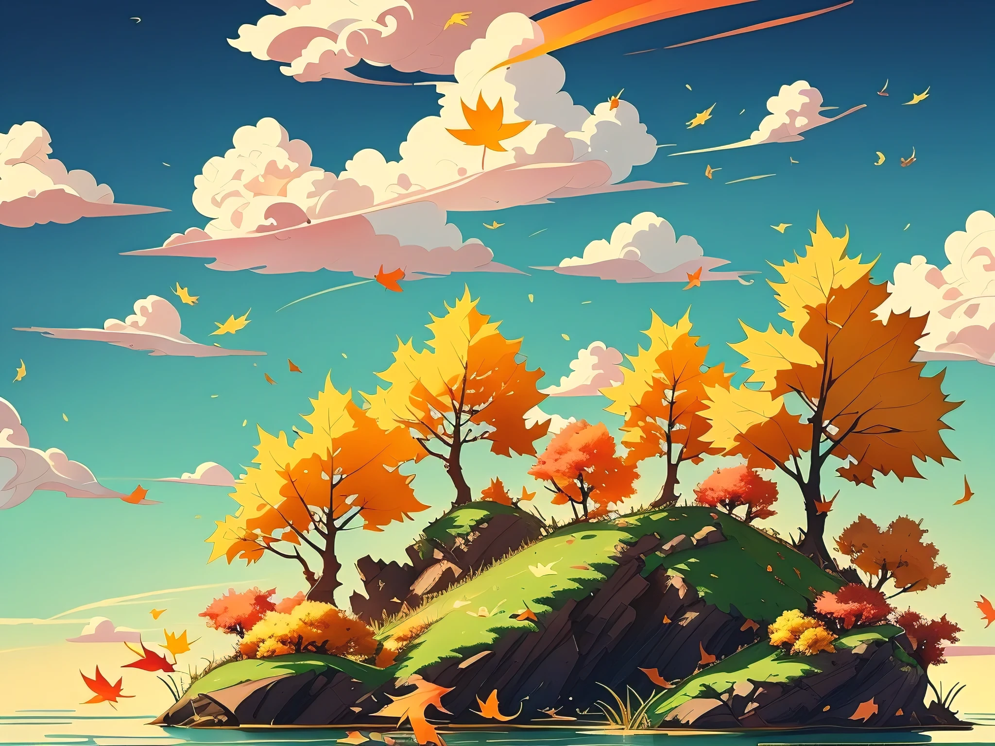 Chinese style,Chinese ink painting,Colored painting,Evening dusk,clouds in sky,billowing clouds,Multi-layer cloud,Yellow light is refracted in the clouds,(A wild goose:1.6),Autumn leaves are flying,The sparkling sea blends in with the sky。