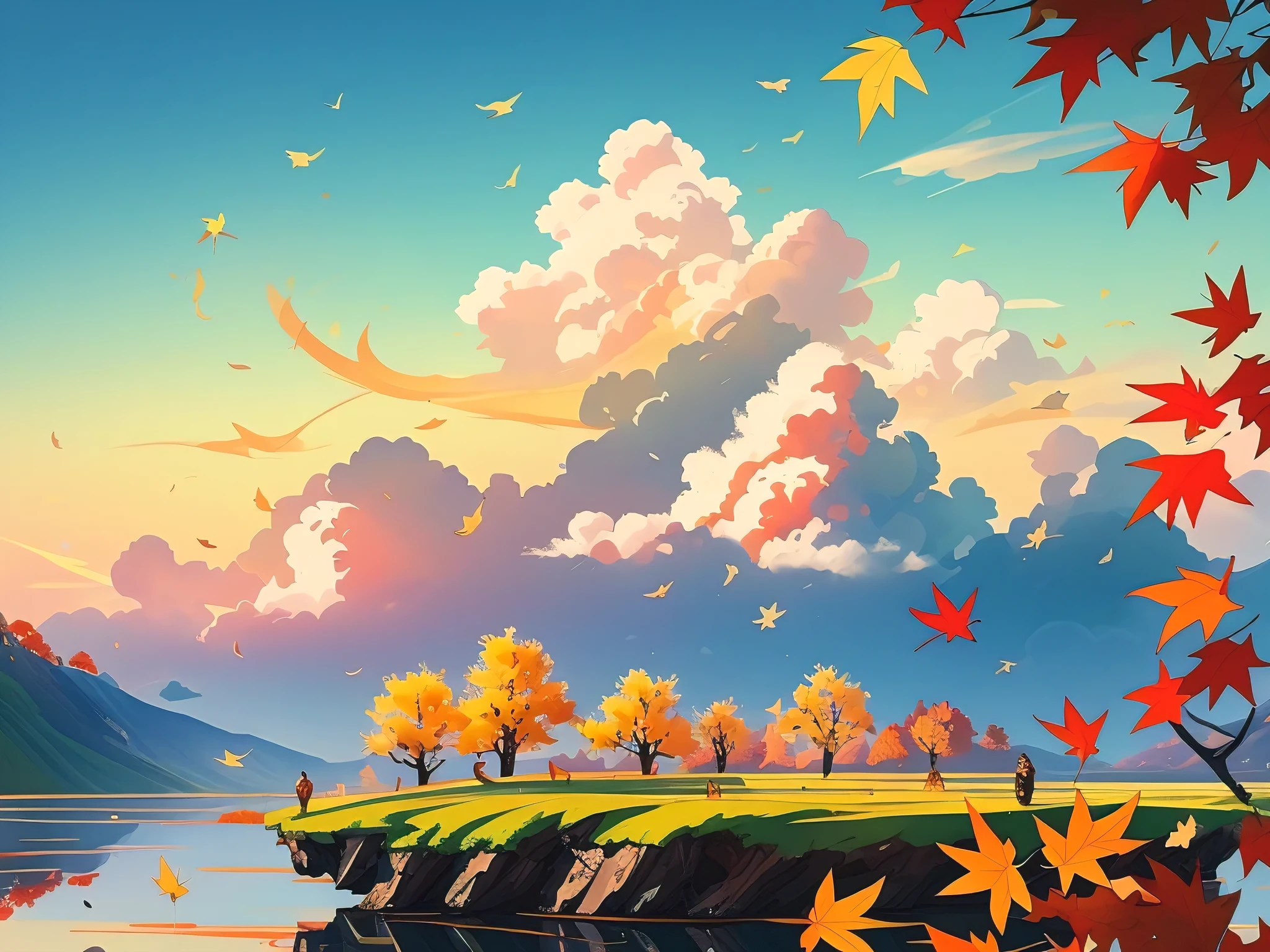 Chinese style,Chinese ink painting,Colored painting,Evening dusk,clouds in sky,billowing clouds,Multi-layer cloud,Yellow light is refracted in the clouds,(A wild goose:1.6),Autumn leaves are flying,The sparkling sea blends in with the sky。
