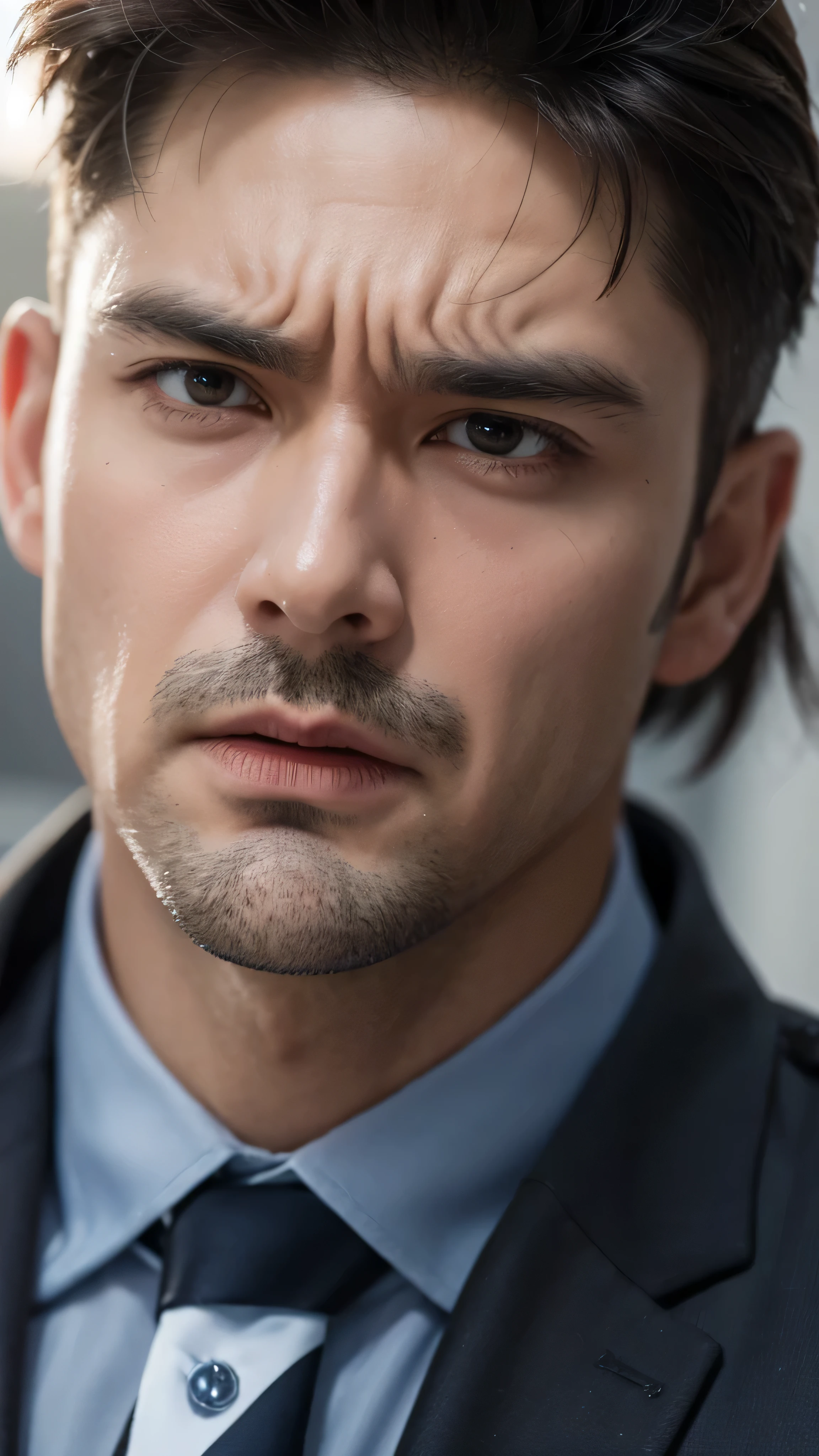 A close up of very angry masculine cop
