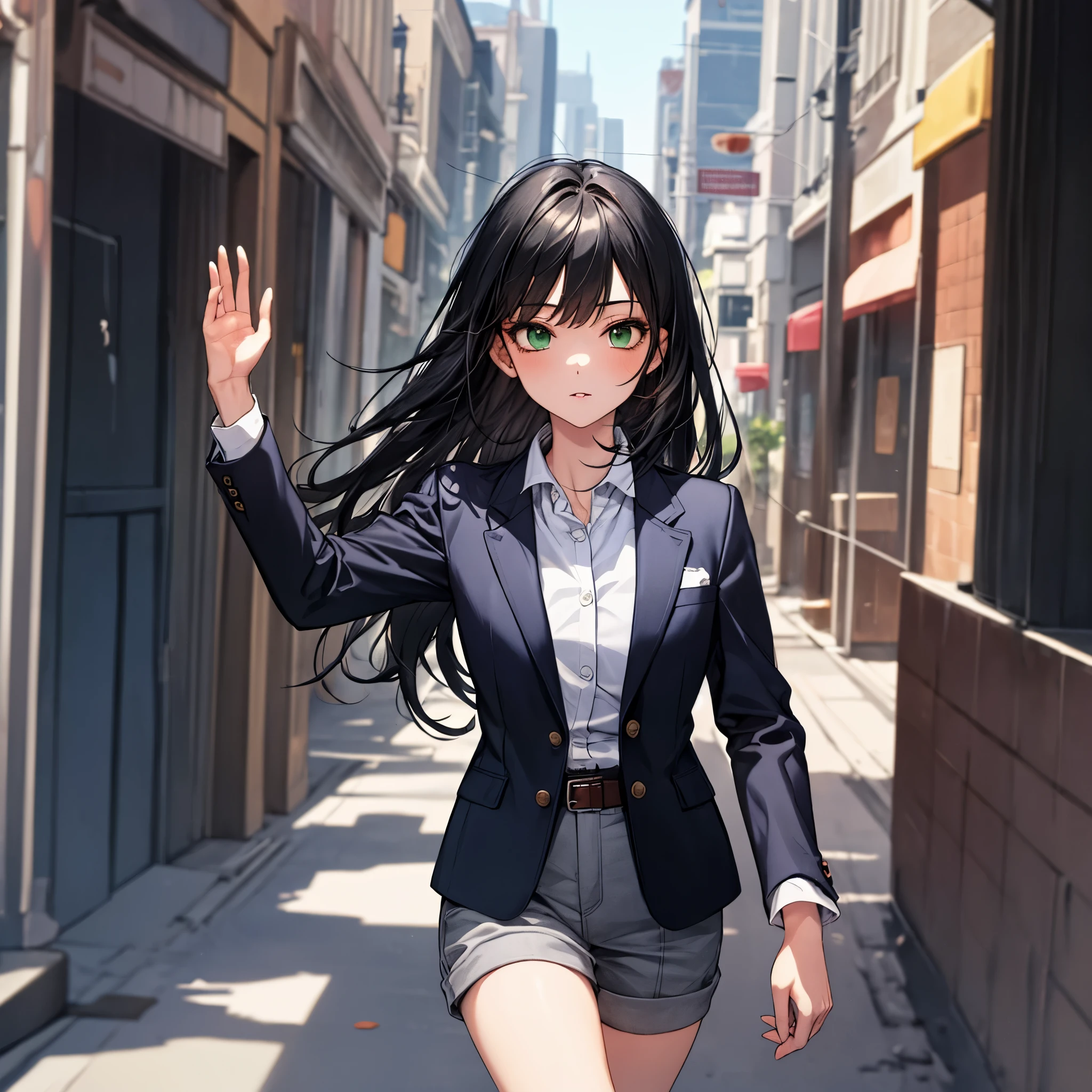 masterpiece, highest quality, 1 girl, green eyes、long black hair, blue blazer, Formal shirts, belt, city street