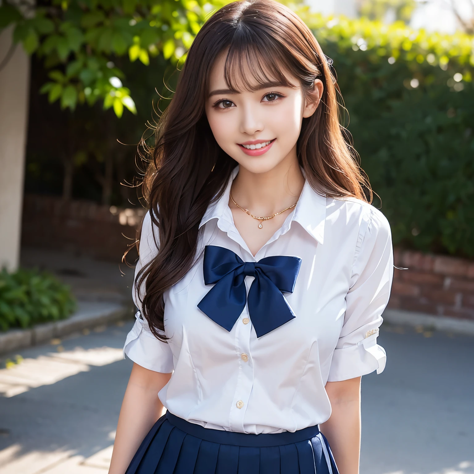 (masterpiece、highest quality、ultra high resolution、8K)、(1 very cute 14 year old girl:1.1)、(pregnancy)、(Perfect composition where the girl fits neatly into the frame:1.2)、thin waist、thin、naive girl、(perfect anatomy:1.3)、(wavy hair:1.1)、(big breasts:1.2)、emphasize the bust line、(high school white shirt:1.2)、(navy pleated skirt:1.2)、(Uniform ribbon that fits perfectly on the chest:1.2)、(Beautiful glowing skin:1.2)、Moist eyes、classy beautiful lipstick、perfect makeup、long eyelashes、elegant and beautiful eyeshadow、gorgeous beautiful necklace、Brown glittery hair、Colors and landscapes of youth、feelings of love、outside、A shy smile looked at me、(very bright and refreshing:1.2) Waiting for facesitting to start、(Show your beautiful teeth and smile big:1.1)