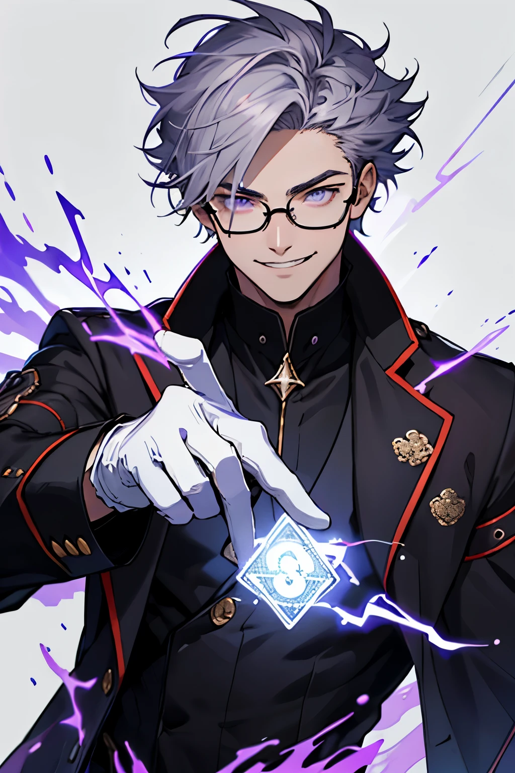 Beautiful young man with gray hair and glasses。Eyes are red。Black coat with classic design decorations、white gloves。Grinning, he holds out his right hand and manipulates purple lightning magic.。The background is a purple magic square。