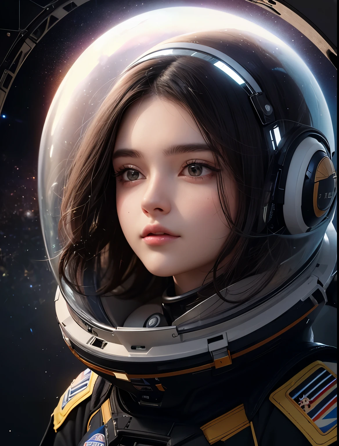 A beautiful woman. Twenty years old. Dark brown hair. She has a tense expression on her face.A simple space suit. No visor. An image of a multidimensional universe in her background.