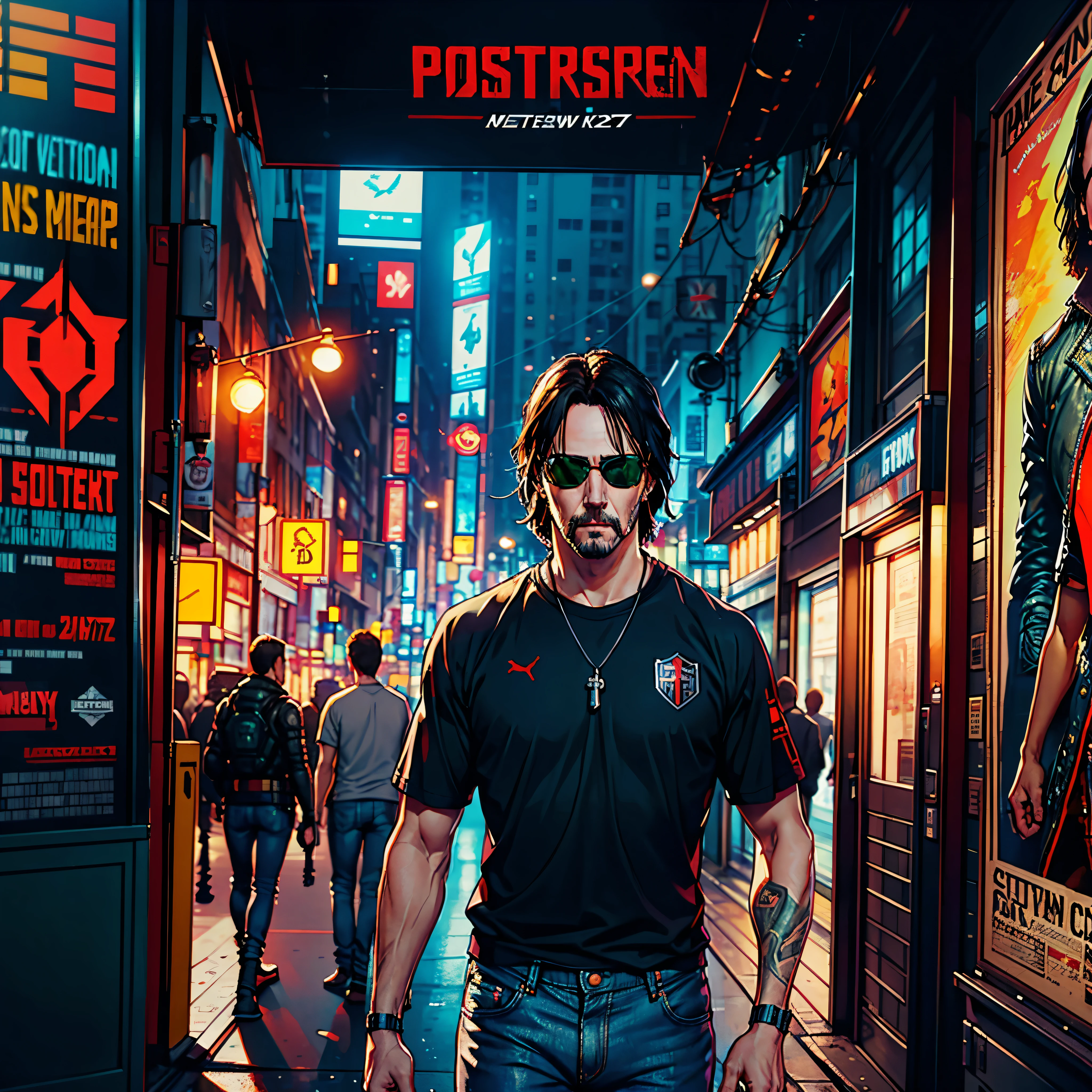 Keanu Reeves, (Poster: 1.6), Complex Detail, fine details, hyper-detailing, ray traced, Subsurface dispersion, Diffused soft lighting, Shallow depth of field, by Oliver Wetter, an intricate, higly detailed, sharp-focus, tension, Photorealistic painting (by Greg Rutkowsky:1.4), bokeh, The left arm of the robot is made of silver, T-shirt bulletproof vest on a naked body, purple jeans, Black Boots, cyberpunk 2077, Red Aviator Glasses, Silver prosthetic arm, in full height, Sateen, hairstyle, shoulder-length hair, Tatoo, Johnny Silverhand, Holds an electric guitar, Open Stage, city  of the future, A lot of spectators, Black skyscrapers