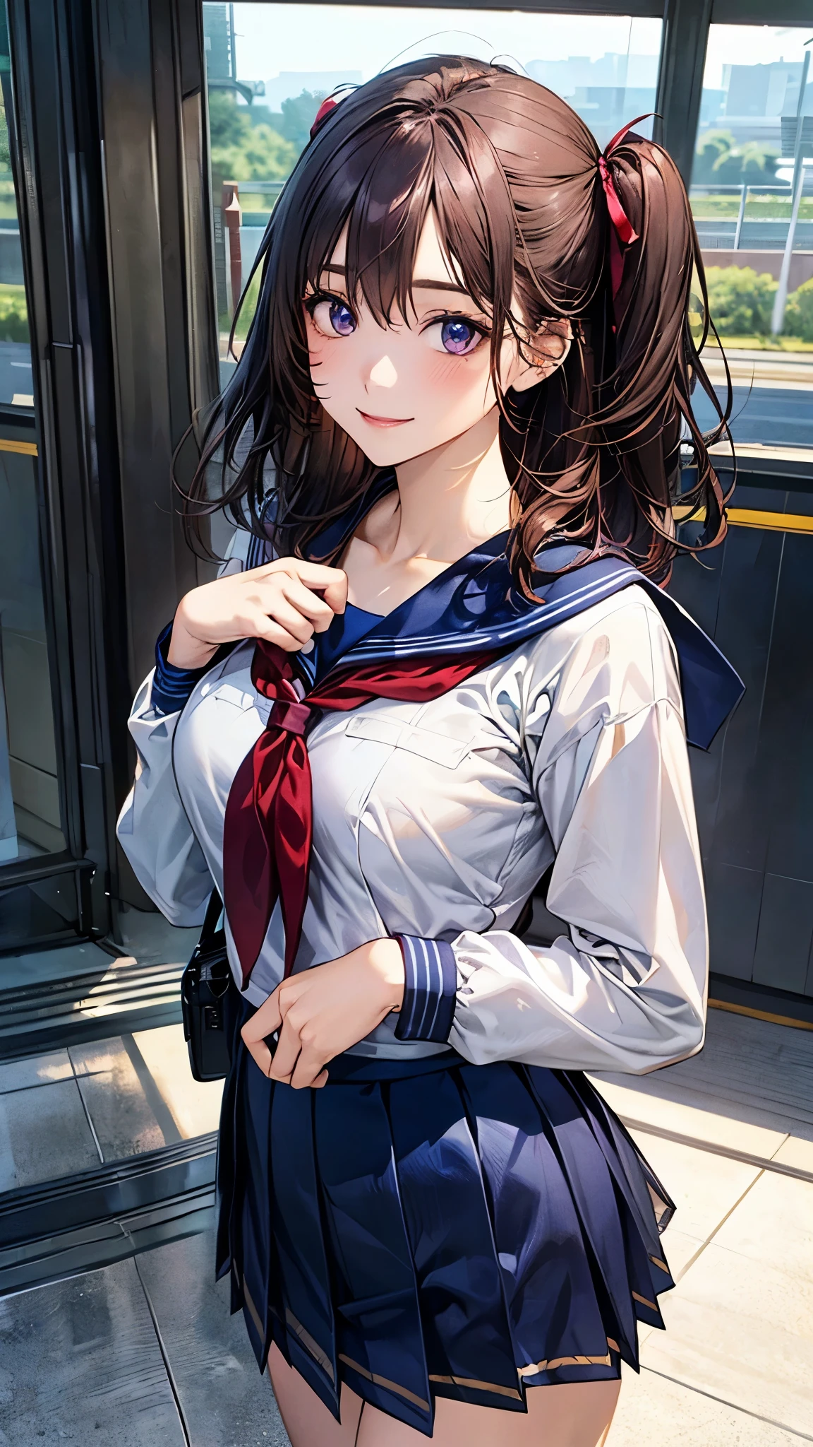 (masterpiece:1.2, top-quality), (realistic, photorealistic:1.4), beautiful illustration, (natural side lighting, movie lighting), nsfw,
looking at viewer, 1 girl, japanese, high school girl, perfect face, cute and symmetrical face, shiny skin,
(middle hair:1.5, (two side up:1.2), grey purple hair), hair between eyes, slant eyes, purple eyes, long eye lasher, (medium breasts), slender, dark red hair ribbon,
beautiful hair, beautiful face, beautiful detailed eyes, beautiful clavicle, beautiful body, beautiful chest, beautiful thigh, beautiful legs, beautiful fingers,
((detailed cloth texture, long sleeves light brown sailor suit, navy blue pleated skirt, navy blue sailor collar, red sailor scarf)),
(beautiful scenery), evening, (train station), squatting, head tilt, (lovely smile, open mouse),