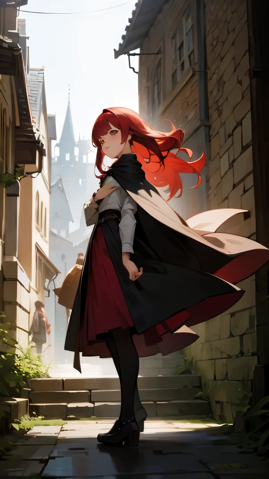 Red hair，Brown pupils，killer，medieval city wall，girl，Booties，Long cape，Medieval dress