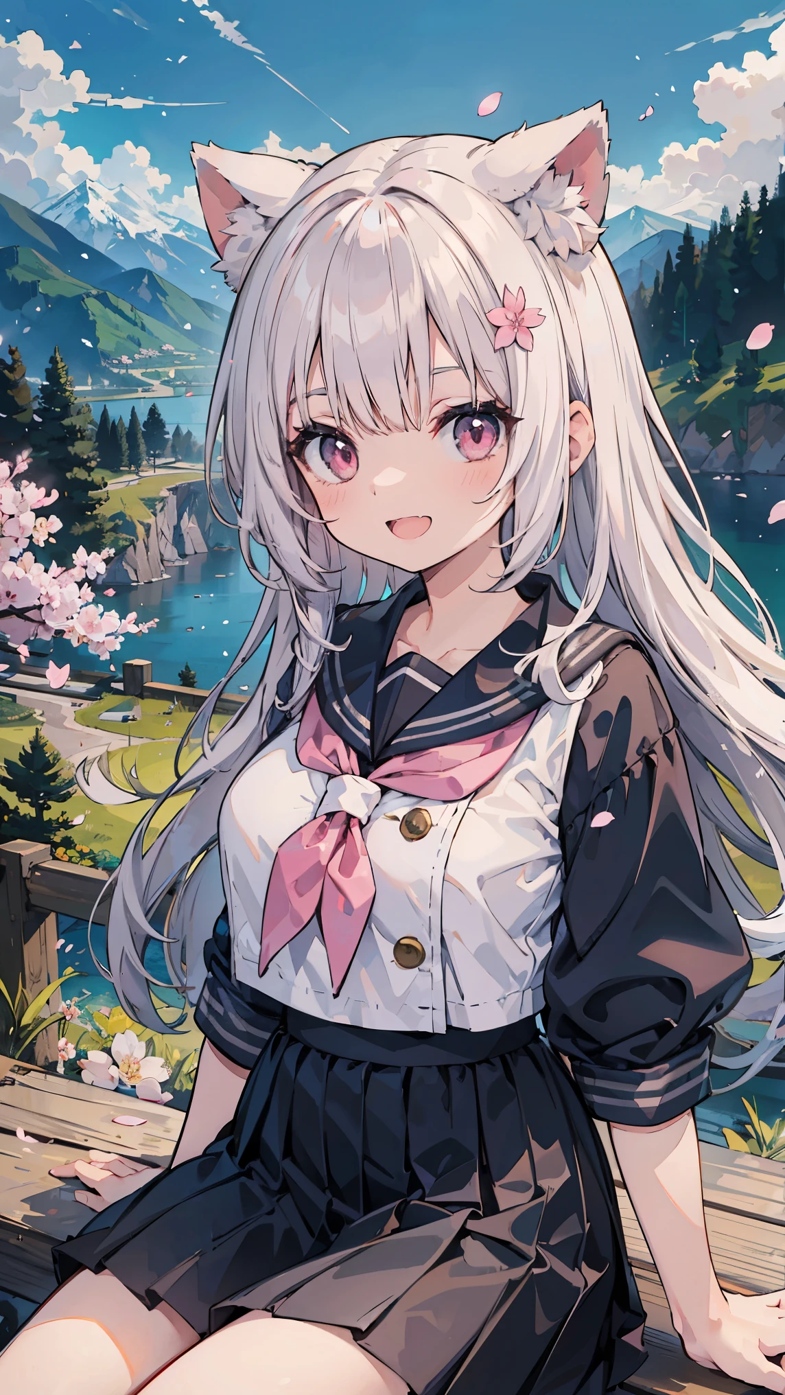 (masterpiece), landscape, mountain horizon, Cherry blossoms, petal, light particles, Upper body, 1 girl, sailor, curls, flowing hair, Smile, sitting, open mouth, light particles, long white hair, Pale pink eyes, looking at the audience, Face focus,cat girl,Big breasts