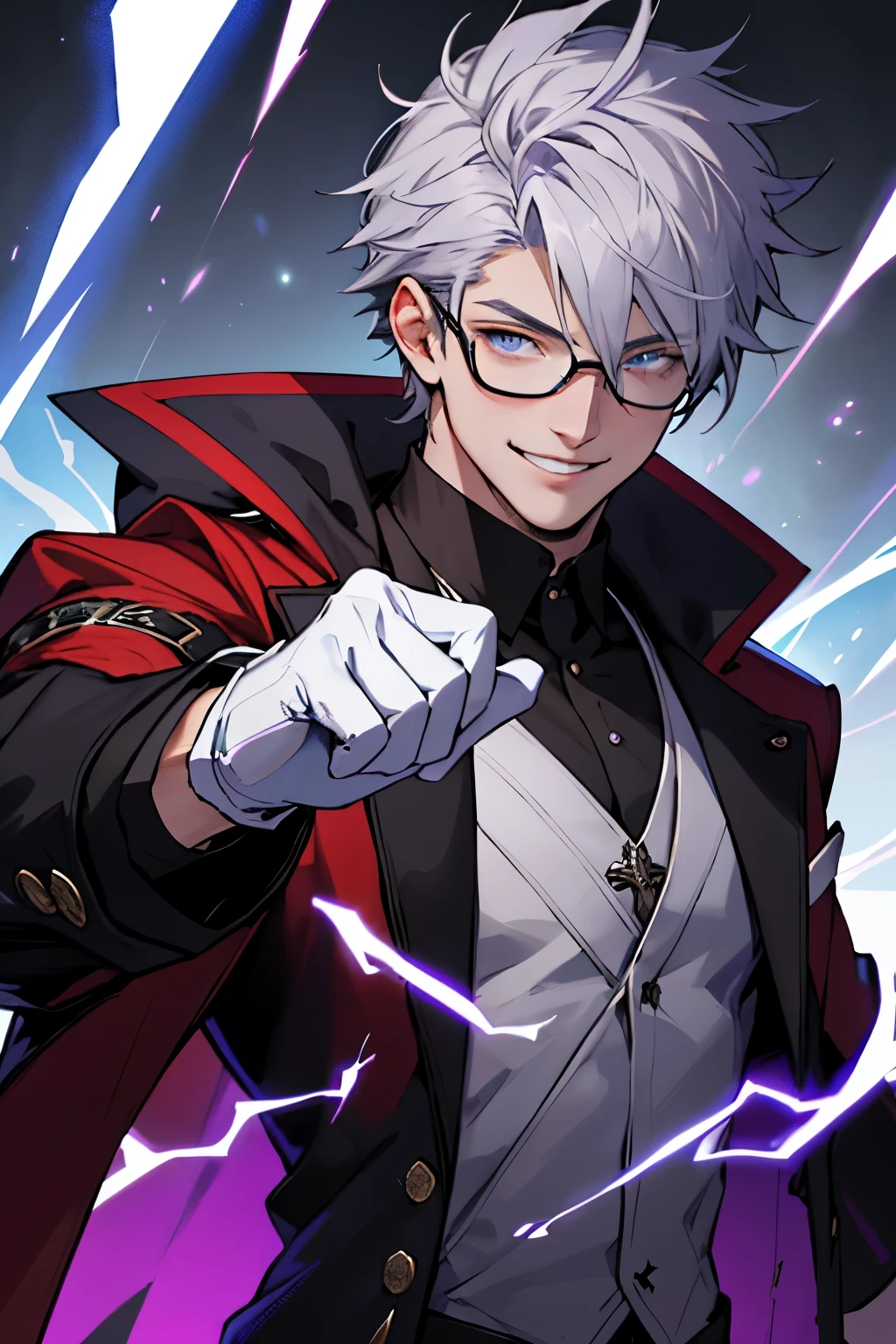Beautiful young man with gray hair and glasses。Eyes are red。Black coat with classic design decorations、white gloves。Grinning, he holds out his right hand and manipulates purple lightning magic.。The background is a purple magic square。