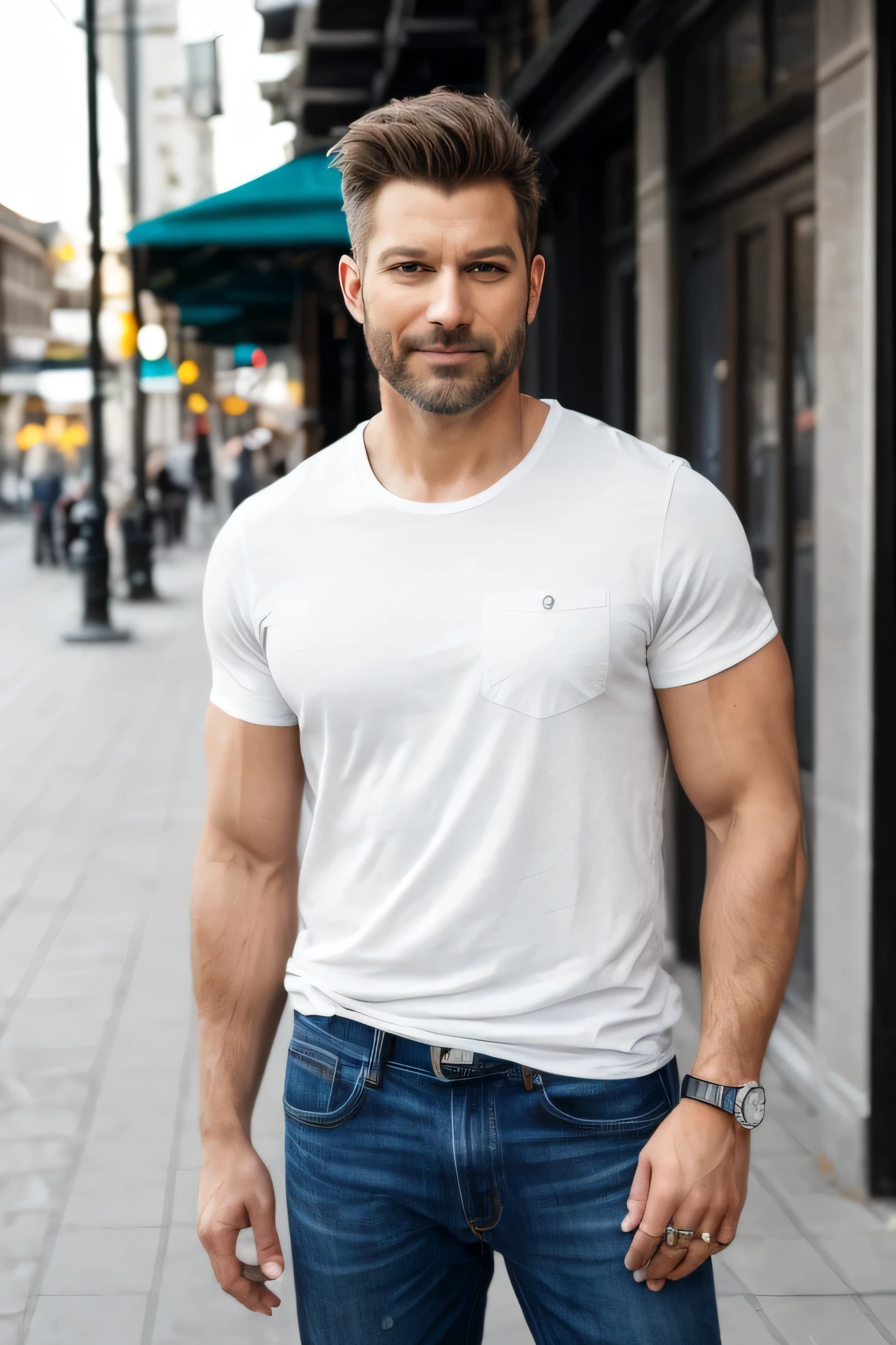 (highest quality, erstaunliche Details: 1.4), Meisterwerk, Originalcharaktere, Natural volumetric lighting and better shadows, deep depth of field, scharfer Fokus, Portrait of the man 45 years incredibly beautiful muscles, Full body, beautiful face masculine, Bart, attraktiv mit klaren Augen, Seductive smile, kurzes graues Haar, White, enges Hemd, Jeans, (Unordentlich lackierte Karosserie: 1.05), (Street background with shops: 1.15), shopping street, (standing with arms crossed: 1.2), malerisch, sehr ausgesetzt, FotoRealismus, fotorealistisch, NSFW, sexy,, scharf, konzentriert, zentriert, sinnlich, HD, 8 Tausend, DSLR, ROH