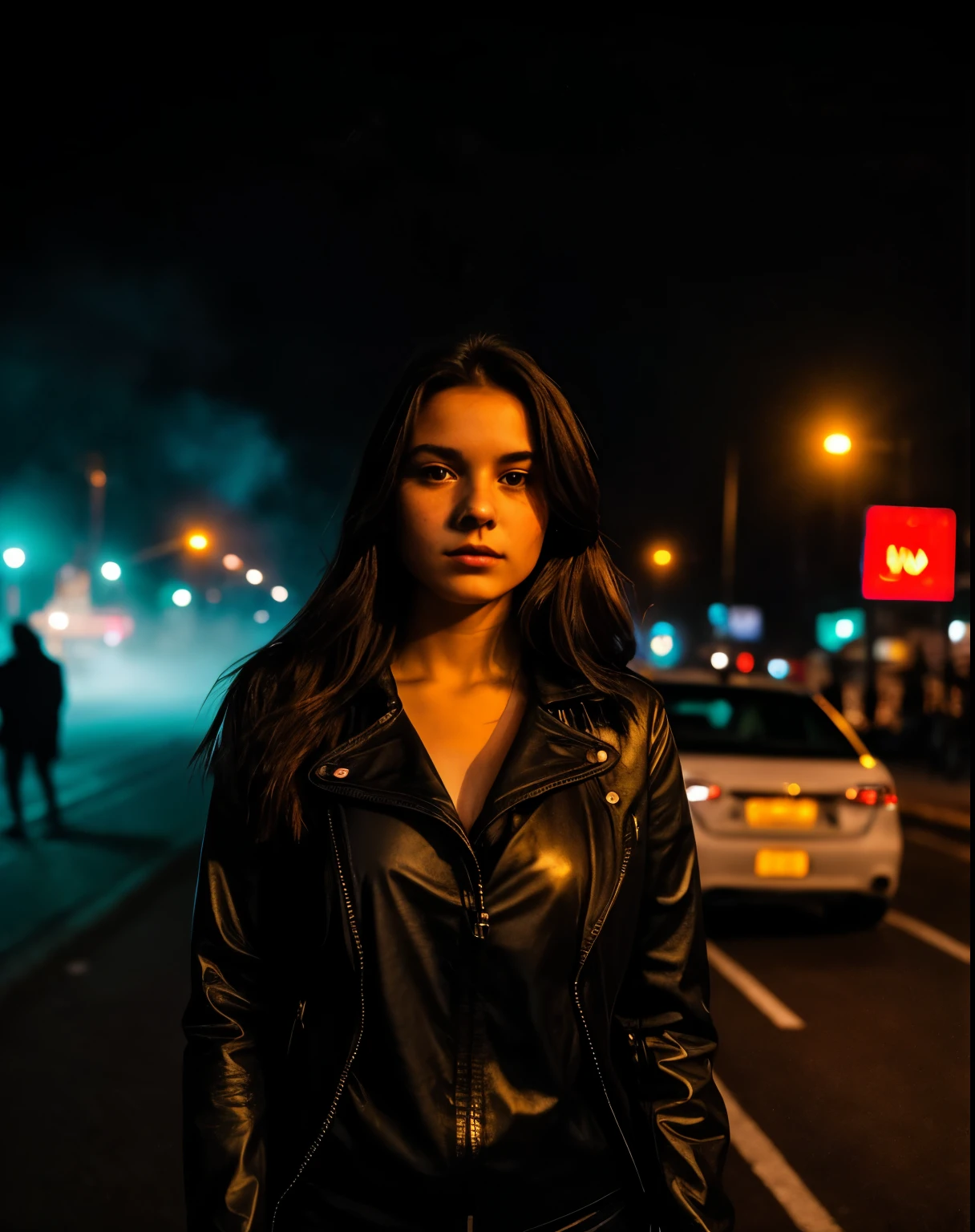 City street, neon, fog, volume, close up portrait photo of a young woman in dark clothes,