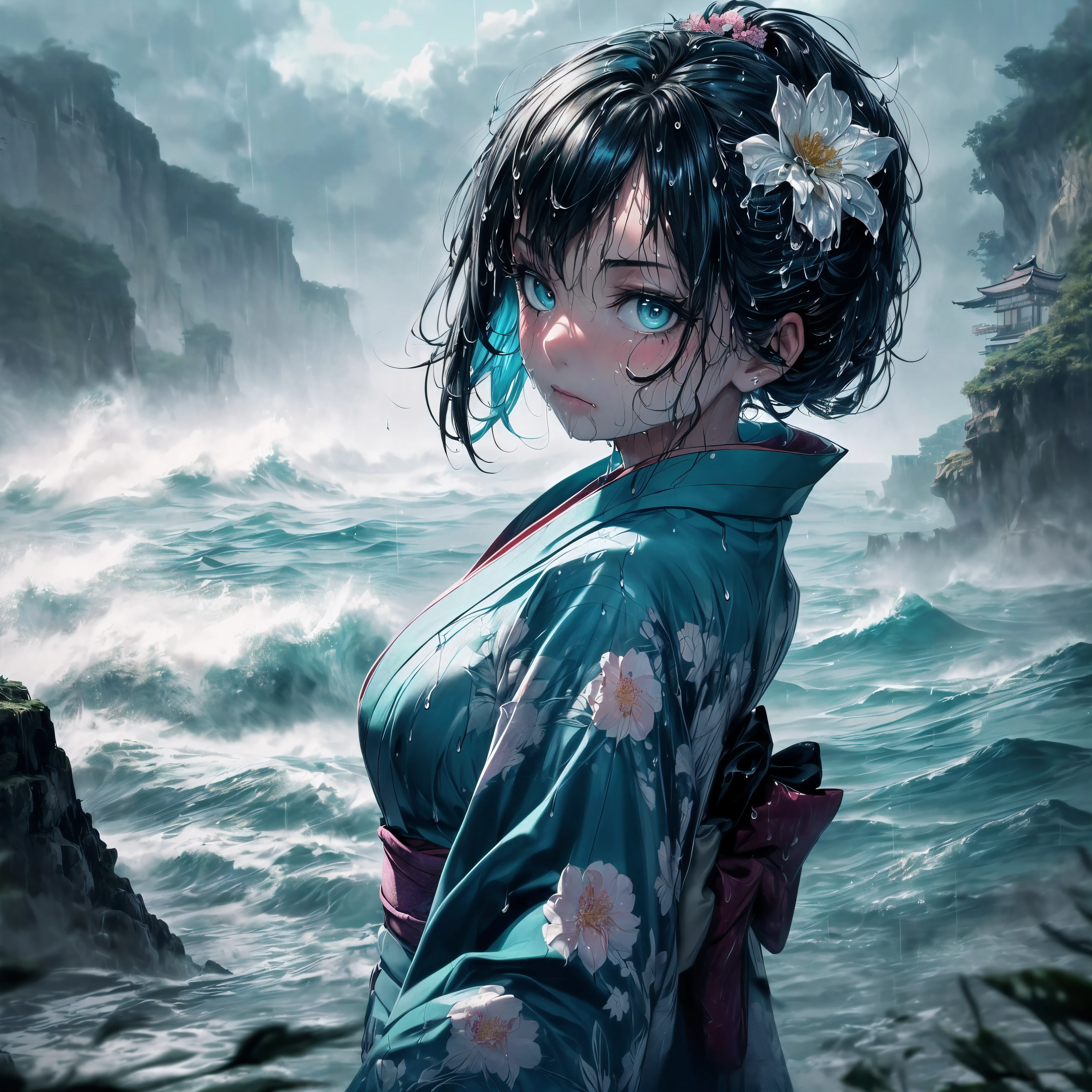 (A 7 year old girl:1.2), (Very young little girl), (alone), ((small breasts)), bitter smile, original photo, Atmospheric distance perception, aesthetic, complex, won, cybernetic enhancement, chiaroscuro, best quality, Detailed background, (hazy atmosphere:1.2), (cloudy day),((Girl in teal 棉质kimono:1.2)), 棉质kimono, 棉质kimono, The best wrinkles, real wrinkles, best shade, strong wind, (walk through (薄雾黑暗岩石cliff)), ((It's raining, downpour, raindrop)), (real location), Exquisite and beautiful eyes, casual gesture, Detailed texture, pose, (anatomically correct body, Detailed face, (非常Detailed texturekimono与花卉图案), (wet, wet face, Mucus wrap, ((very wet) 纹理kimono), (wet hair), (black hair), thick hair, hair accessories, kimono, Heart, outdoor, pagoda, petal, 色彩缤纷的kimono, sash, ((cliff), the sea below cliff, (rough sea, spray), Beautiful and detailed sea water),Sky, wide sleeves, yukata, ((cloudy, rainstorm))