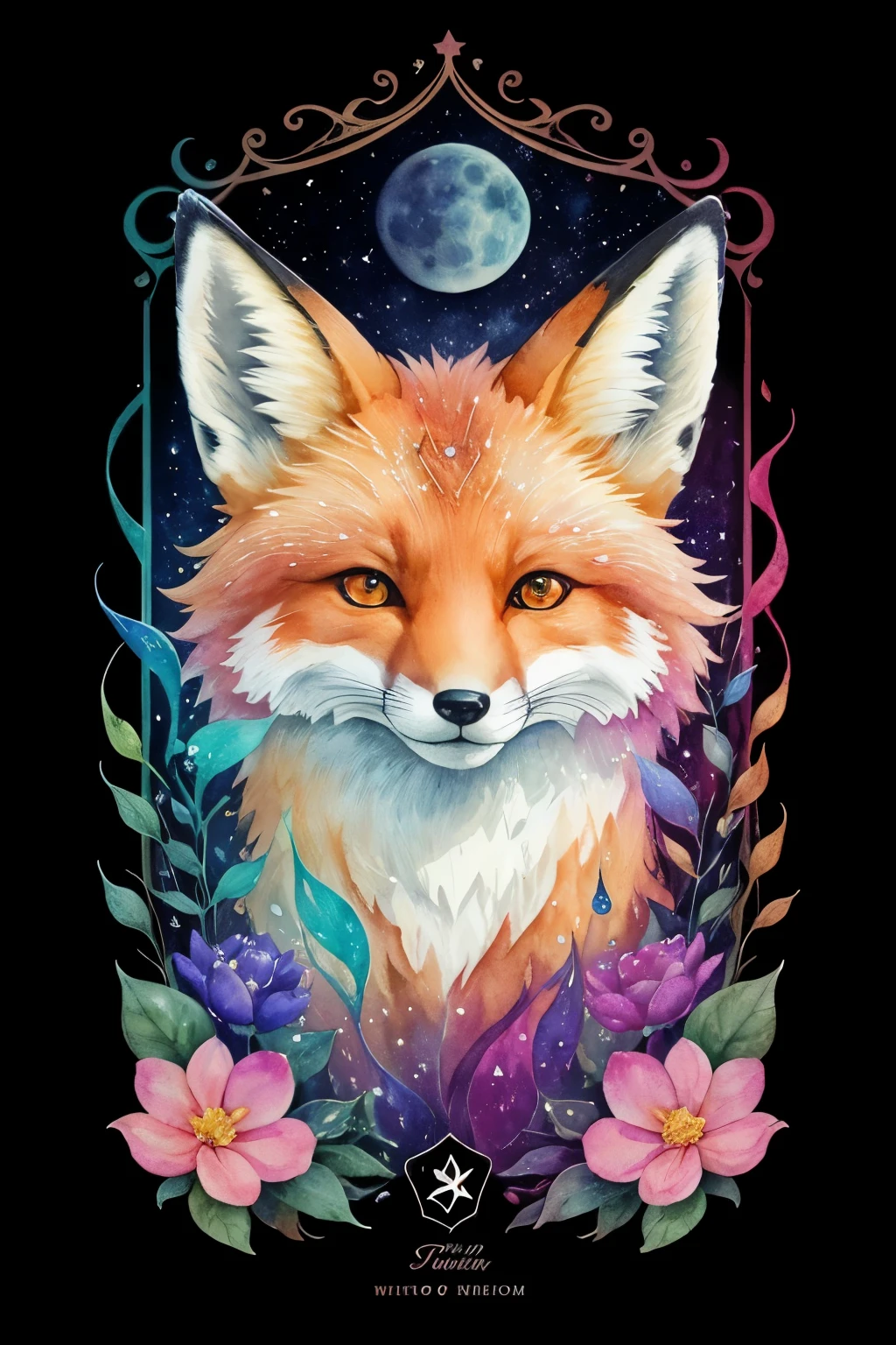 ((animal,watercolor painting,fox,Fox,Fox)),cute,Brilliant,colorful flower art, front view, action shot, Brilliant色, high detail, logo design, Neo-Traditional Tattoo Styles, 2D, planar vector, Character Design, fantasy art, watercolor paintingのテクニック,watercolor effect, Watercolor abstract,glitter effect,colorful, Gentle water droplets floating on the petals,star, moon,shine,like a tarot card,digital painting, pop,fancy, sticker