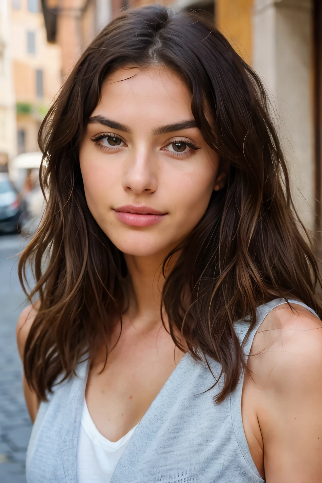Cute brunette with messy wavy hair, immersed in the dolce vita lifestyle of Rome, full body view captured in high-resolution, masterpiece image, 27 years old, innocent facial expression, natural brown eyes, intricate details, sharp focus, realistic skin texture with visible pores and texture, detailled eyes with attractive long lashes, professionally photographed, 4K ultra-high definition, wearing fashionable clothes fitting perfectly, captured with a shallow depth of field, Kodak Vision color, ultra-realistic, photorealistic photography, post-processing for maximum details, echtes Leben (real life) representation.