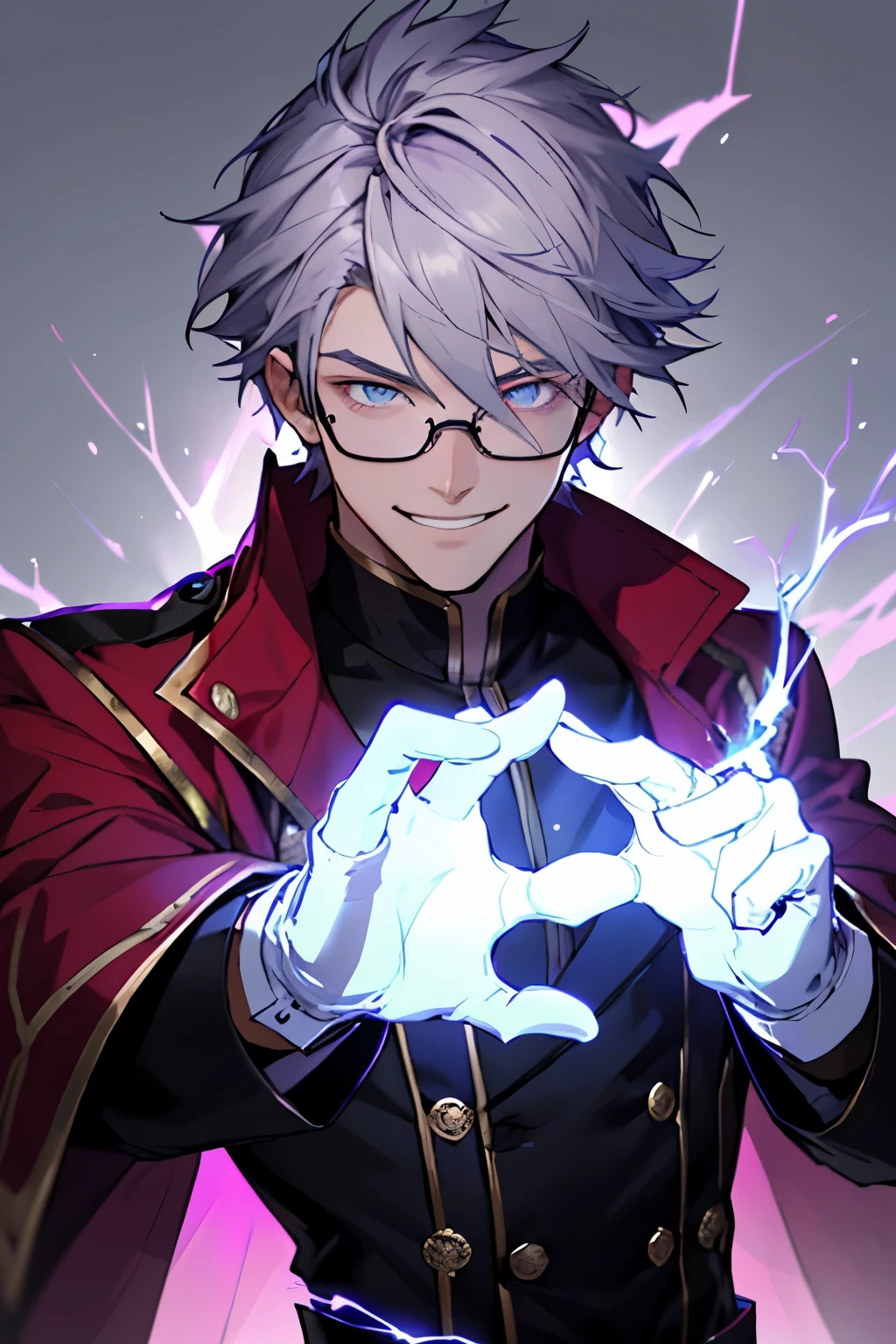 Beautiful young man with gray hair and glasses。Eyes are red。Black coat with classic design decorations、white gloves。Grinning, he holds out his right hand and manipulates purple lightning magic.。The background is a purple magic square。