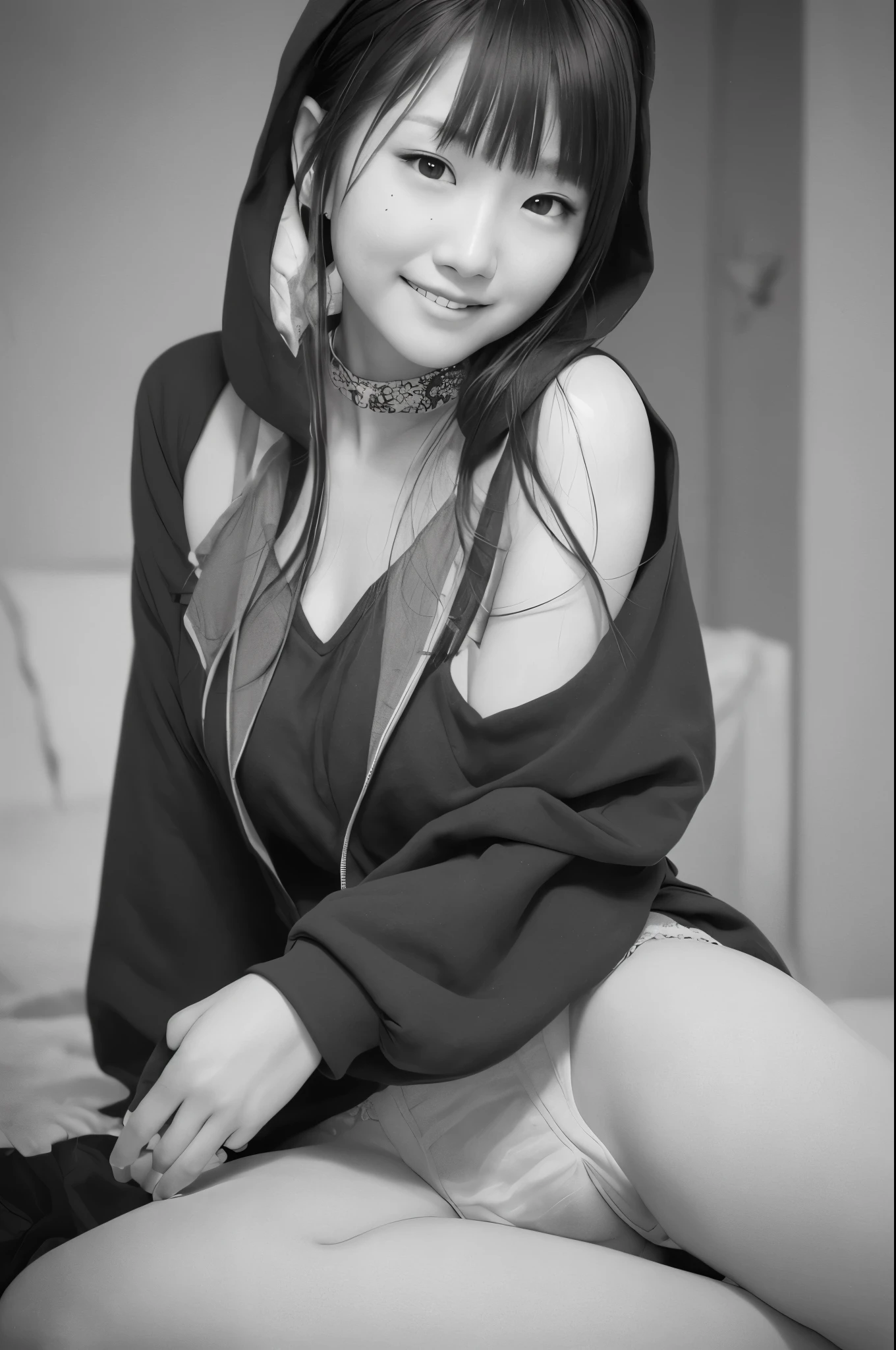 Sadako has a unique atmosphere that exudes eeriness and fear.。Sadako、enchanting smile:1.5、(flat chest:1.5 eyes)long black hair:1.5、Appearance is creepy and attractive、Her sexy and bewitching legs and beautiful breasts are attractive.。spread out、Sweaty crotch、wet crotch、Touched hair、濡れたwet crotch、seductive angles、足をspread outて、correct position、Delicate girl with beautiful details、colorful、finely、detailed lips、intricate details、(1 woman:1.5) (Gorgeous beautiful 30 year old sexy Korean woman:1.1) solo、Viewers looking up、happy smile、Model Girl、choker、(hoodie、hood)、asian_Street style、Asian Traditional House、、elegant(50mm SIGMA F/1.4 ZEISS lenses 1.4、1/800 seconds、Sensitivity 100、photograph:1.1) (photorealistic):1.1)Lens flare、muste piece