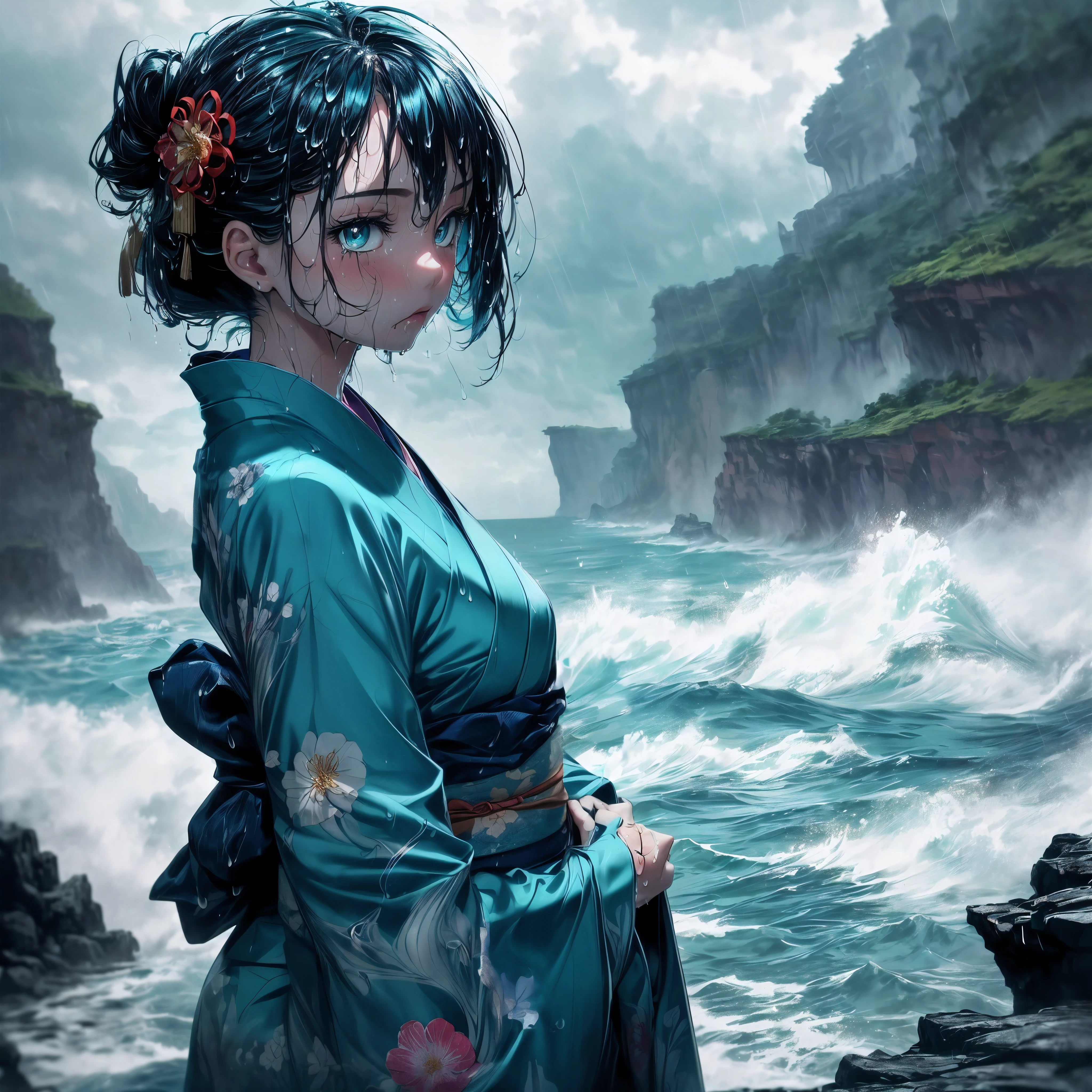 (A 7 year old girl:1.2), (Very young little girl), (alone), ((small breasts)), bitter smile, original photo, Atmospheric distance perception, aesthetic, complex, won, cybernetic enhancement, chiaroscuro, best quality, Detailed background, (hazy atmosphere:1.2), (cloudy day),((Girl in teal 棉质kimono:1.2)), 棉质kimono, 棉质kimono, The best wrinkles, real wrinkles, best shade, strong wind, (walk through (薄雾黑暗岩石cliff)), ((It's raining, downpour, raindrop)), (real location), Exquisite and beautiful eyes, casual gesture, Detailed texture, pose, (anatomically correct body, Detailed face, (非常Detailed texturekimono与花卉图案), (wet, wet face, Mucus wrap, ((very wet) 纹理kimono), (wet hair), (black hair), thick hair, hair accessories, kimono, Heart, outdoor, pagoda, petal, 色彩缤纷的kimono, sash, ((cliff), the sea below cliff, (rough sea, spray), Beautiful and detailed sea water),Sky, wide sleeves, yukata, ((cloudy, rainstorm))
