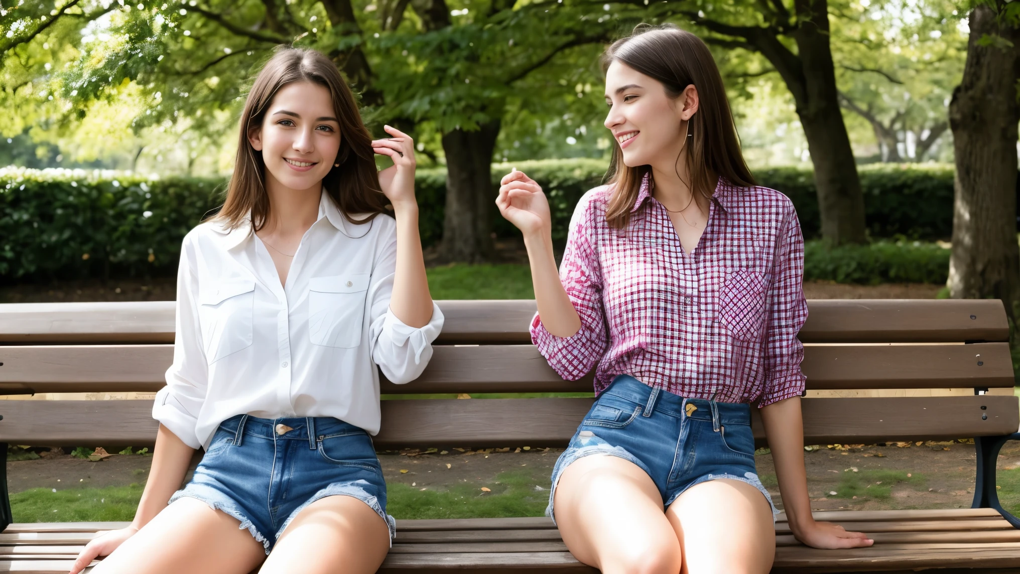 best quality, high resolution, ultra detailed, realistic, photography, portraits, vibrant colors, natural lighting, detailed facial features, two brunette French women in their 20s sitting on a bench, wearing checkered shirt and denim shorts, hands up, slim physique