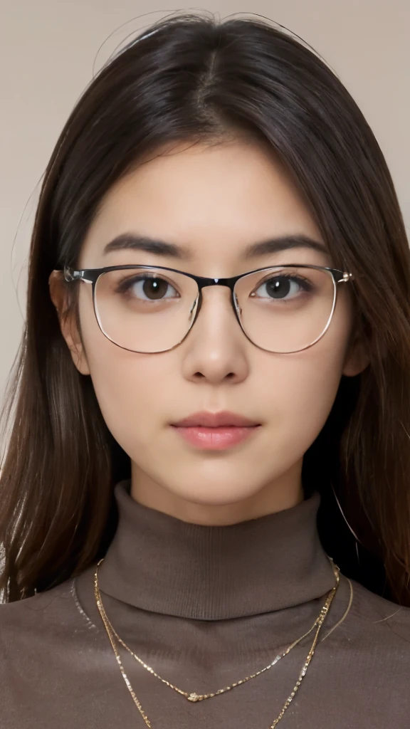 Portrait of a woman, mid-thirties, Japanese nationality, illuminated face, upper body composition, realistic high-definition image. Features: shoulder-length brown hair, intellectual appearance with glasses, simple contour, defined eyebrows, deep-set eyes, a straight nose, a soft mouth. Clothing: a turtleneck sweater in muted colors, a classic blazer, a pendant necklace. Age: 38, Gender: Female. Ensure the portrayal includes subtle imperfections for a realistic appearance.