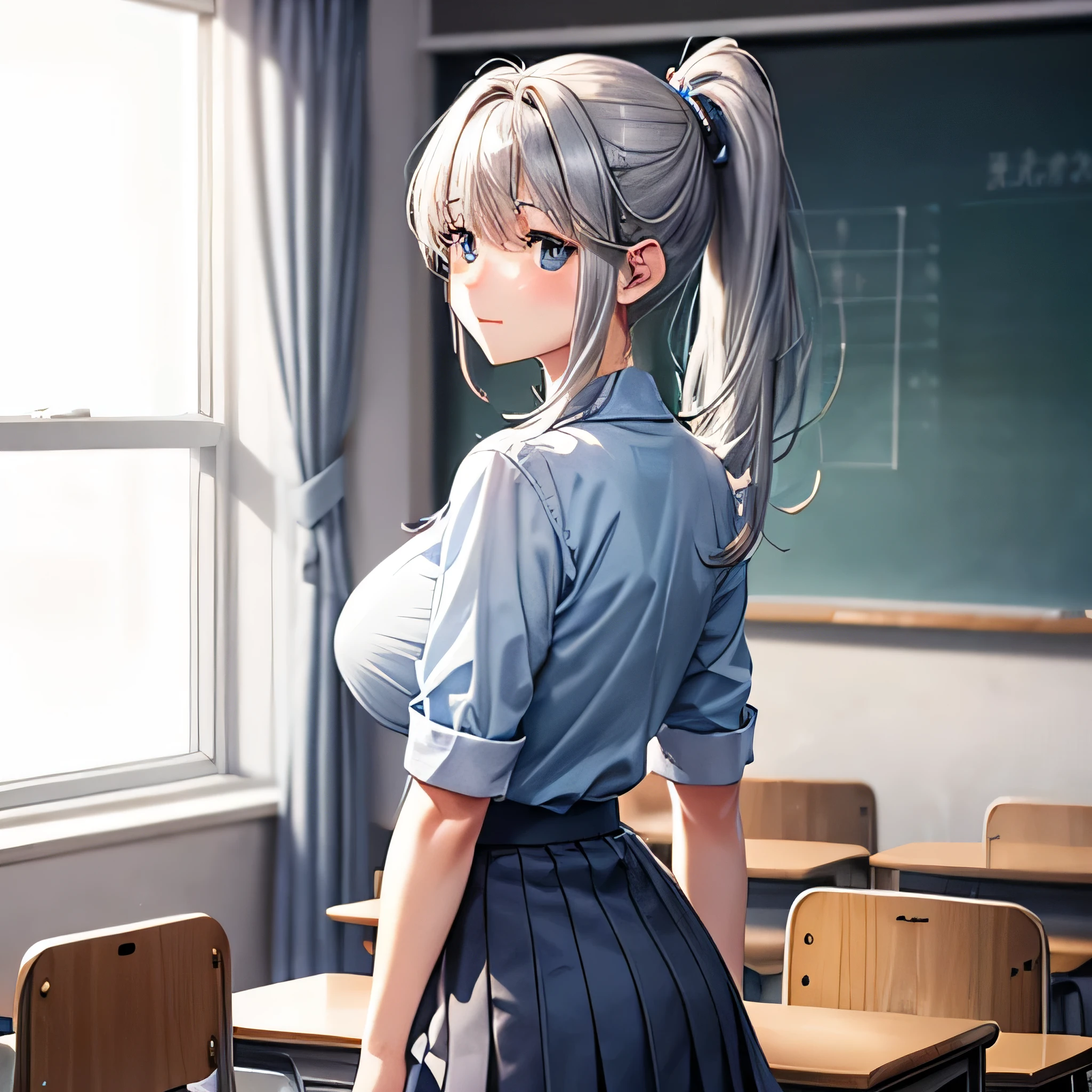 girl、embarrassed face、big breasts、high school student、light blue shirt、gray mini skirt、beautiful girl、High resolution、classroom、Rear view、ponytail、anime style、Transparency in clothes