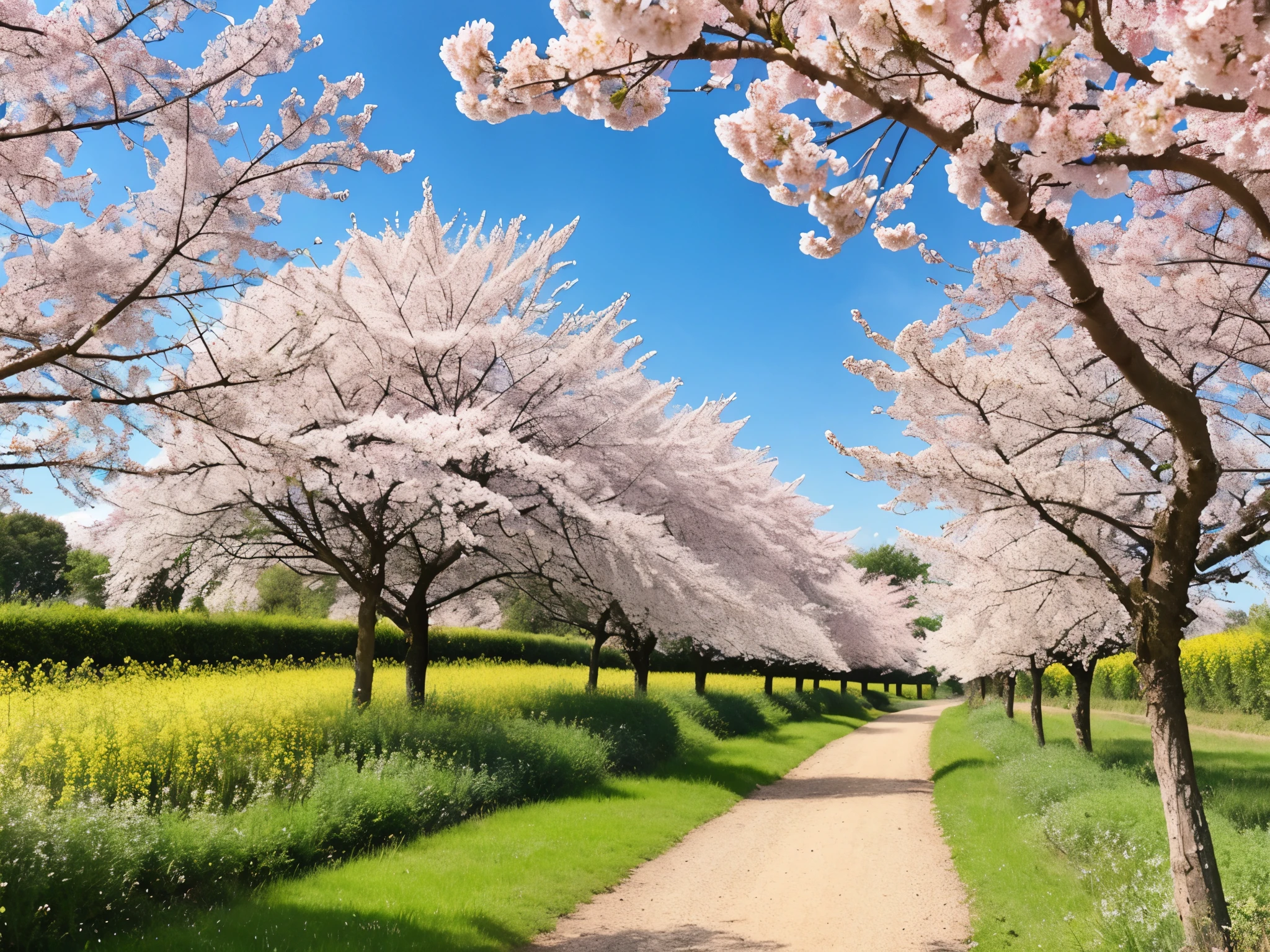 Rapeseed field、A path lined with flourishing cherry blossom trees、blue sky