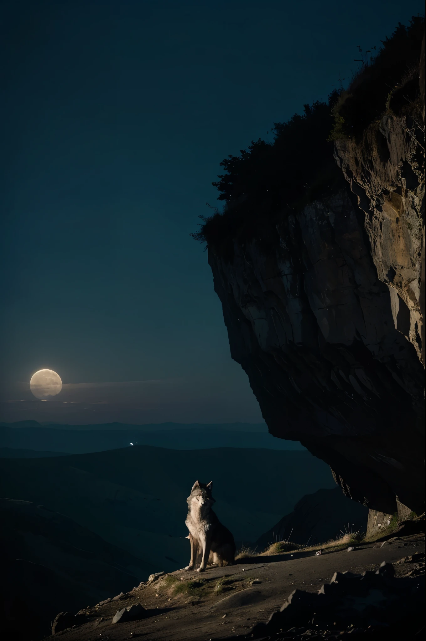 a image of wolf standing at the edge of the cliff in the dark with complete moon in the sky