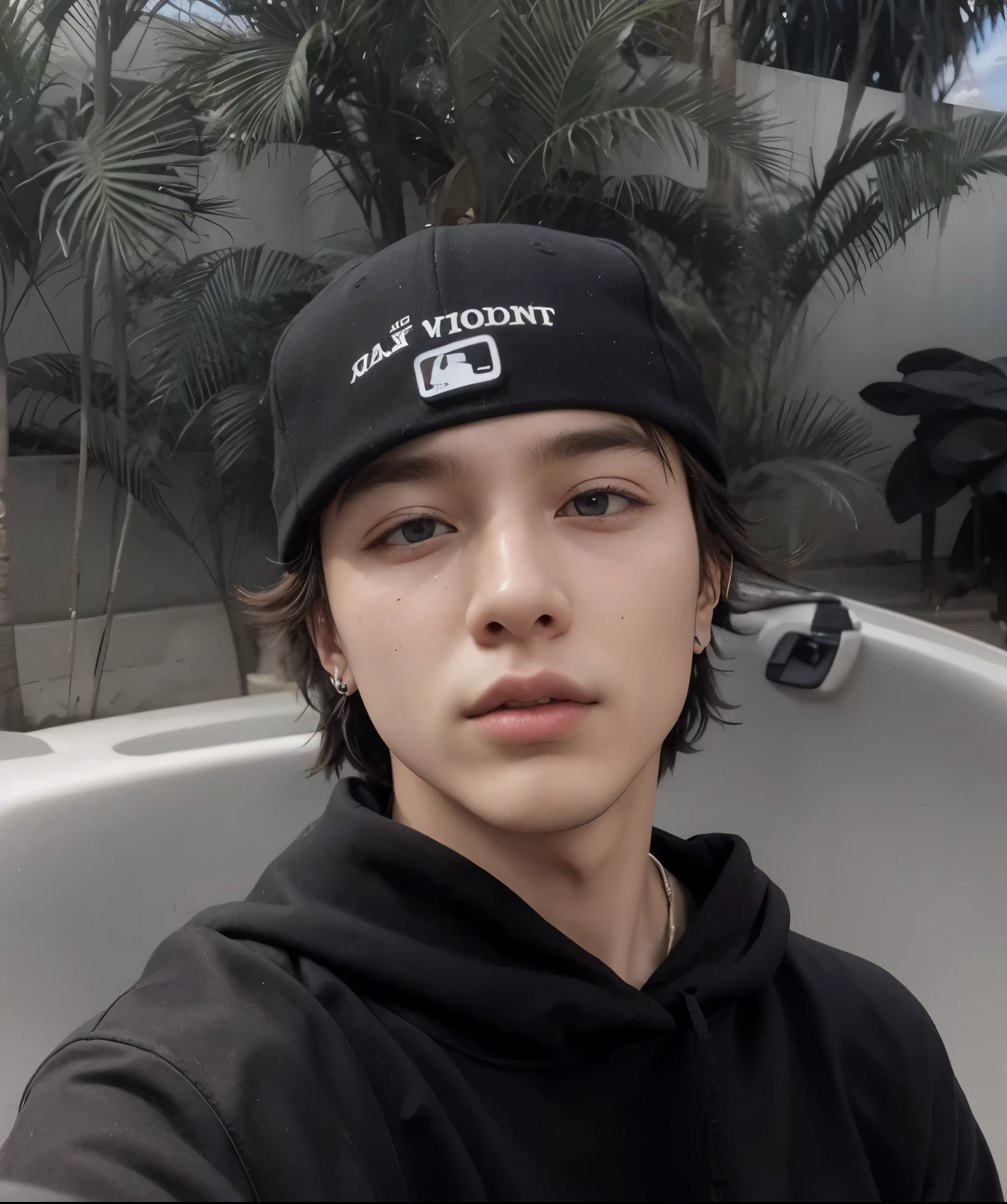 Jungkook in a car with a bottle of water and a drink, Estilo de Seb McKinnon, usa um chapeu, Androgen, Homem