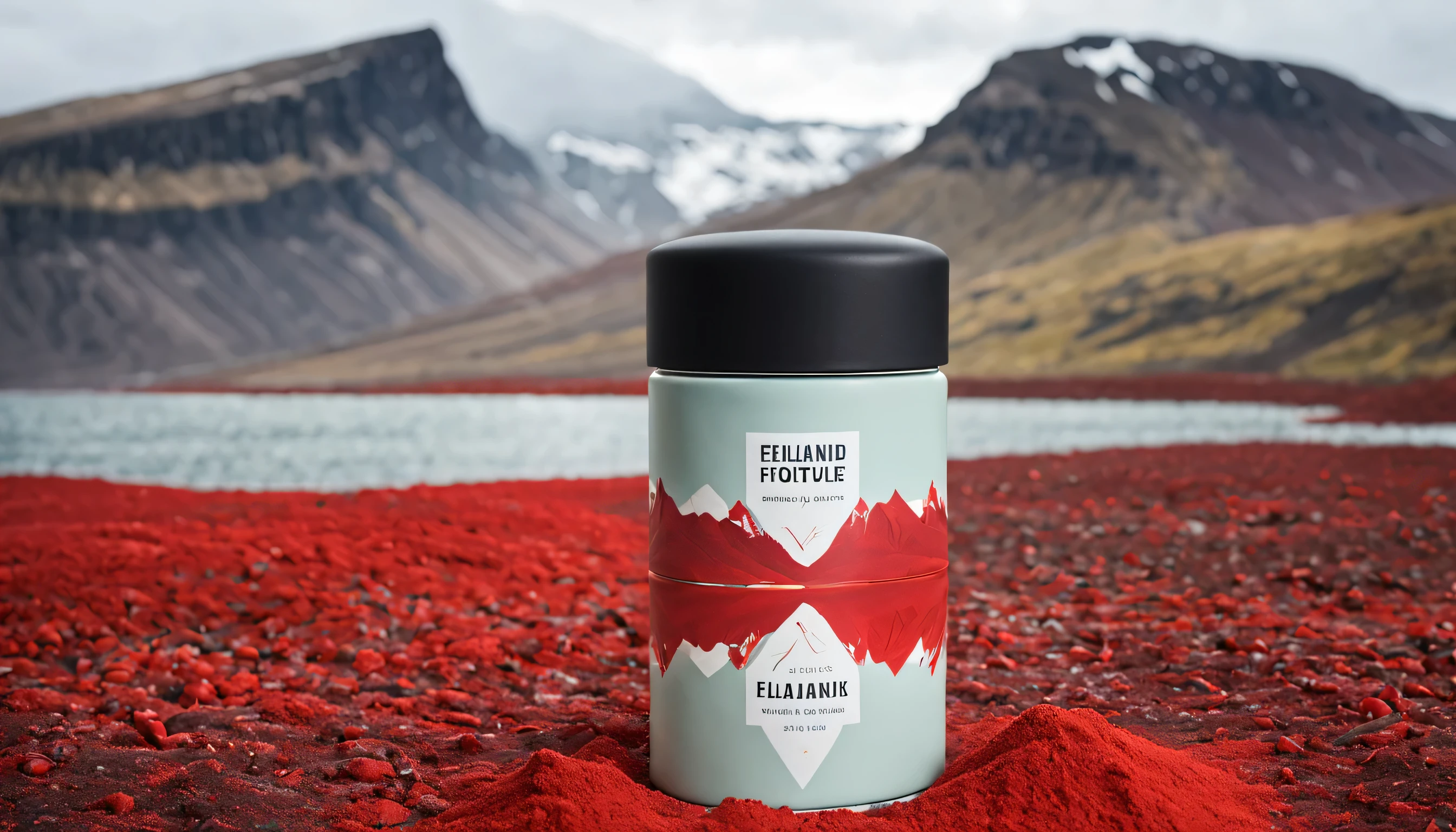 icelandic fjord background, mountain-shaped label, modern pastel matte product design, red chili pepper in center of label - all of this on a modern design spice tube shaker (narrow tall tall cylinder jar filled with red powder)